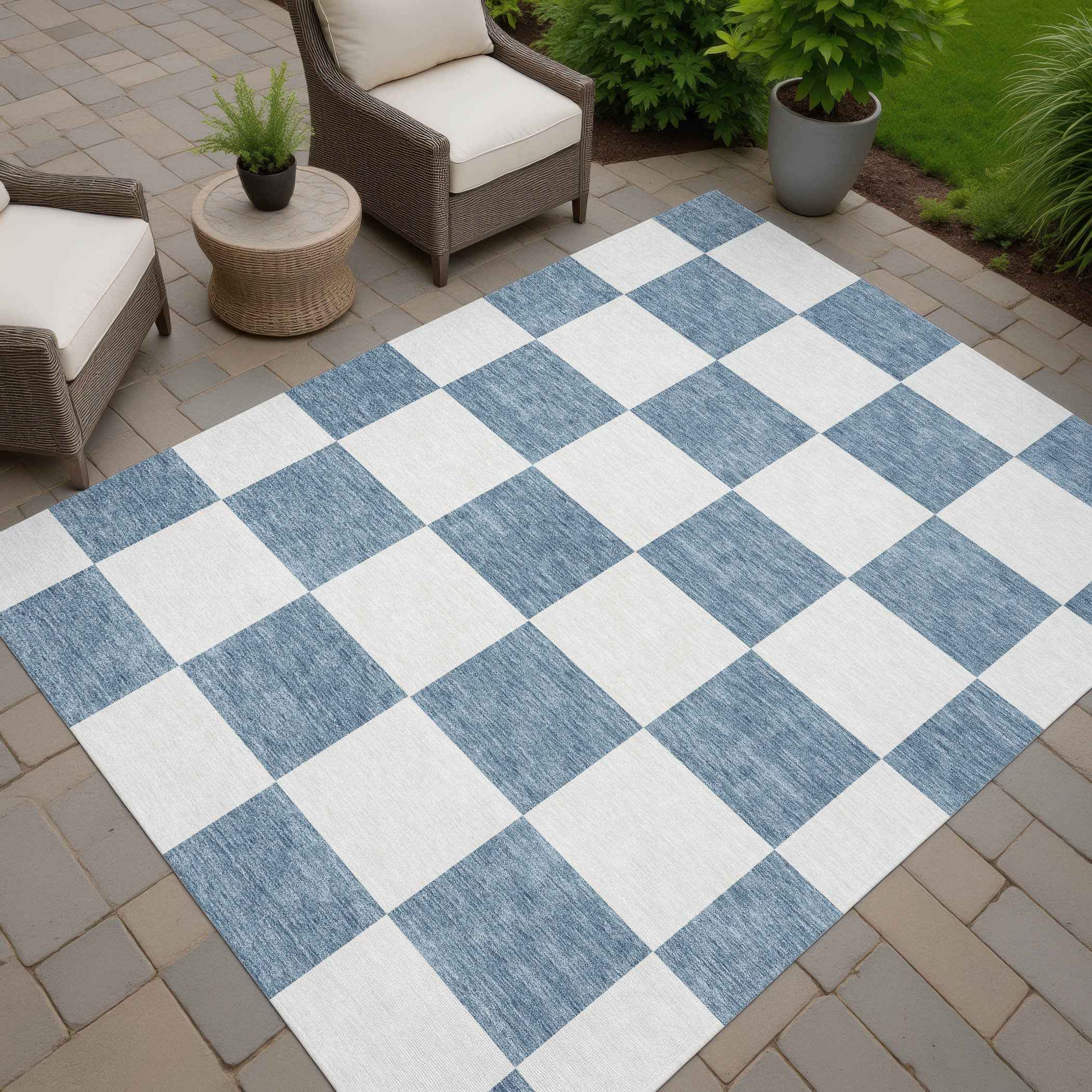 9' X 12' Denim Blue And Ivory Geometric Washable Indoor Outdoor Area Rug