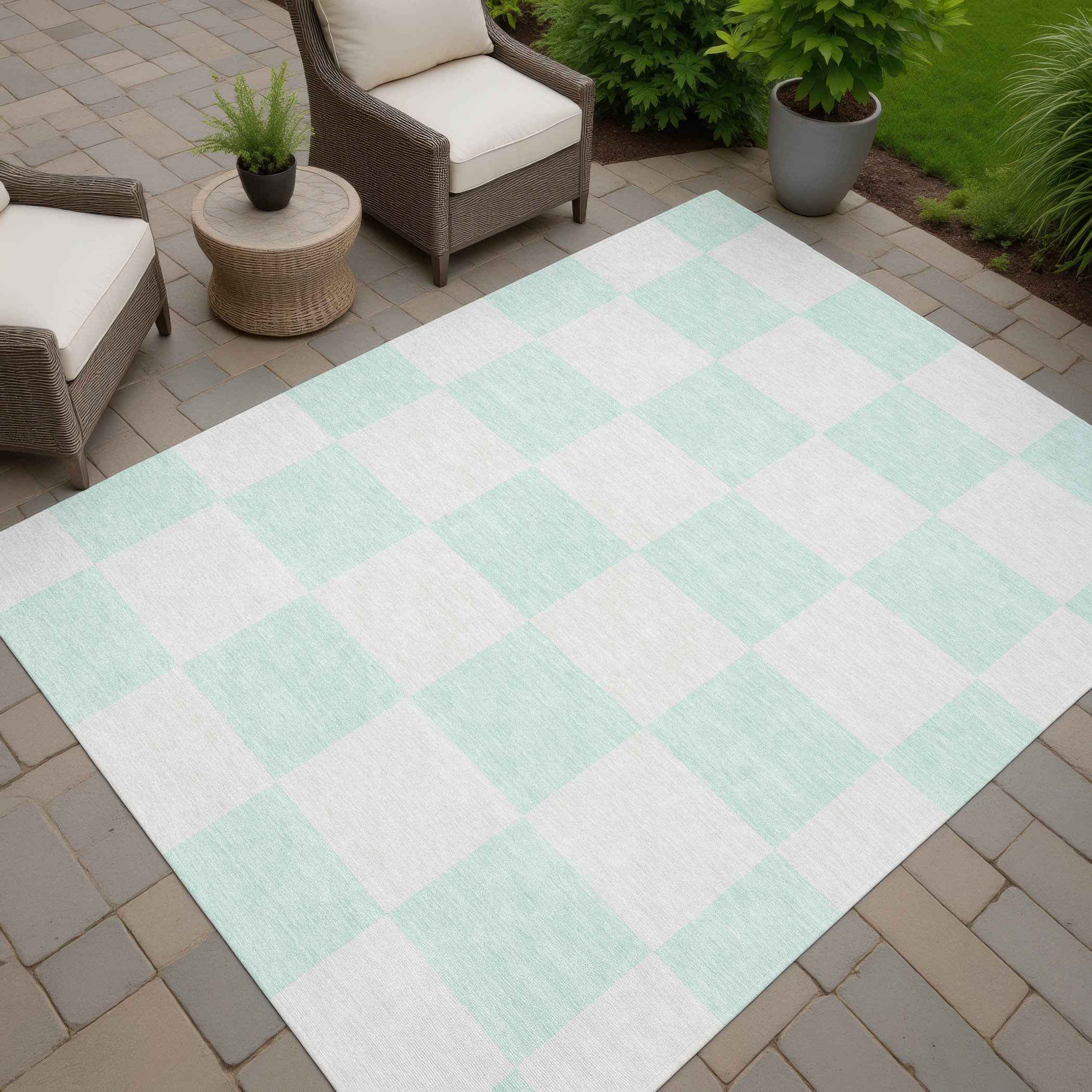 3' X 5' Mint Green And Ivory Geometric Washable Indoor Outdoor Area Rug