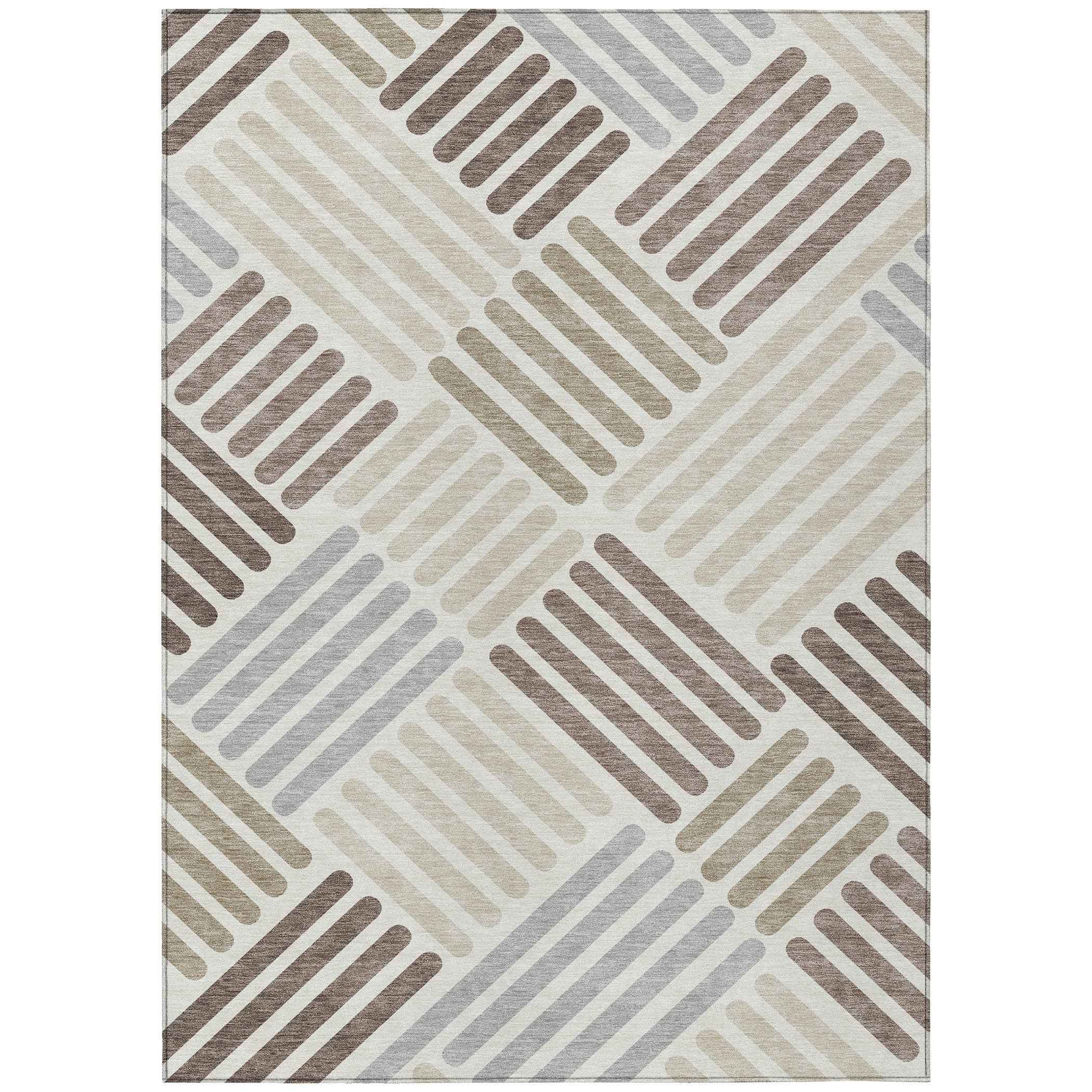 8' X 10' Ivory Beige And Brown Geometric Washable Indoor Outdoor Area Rug