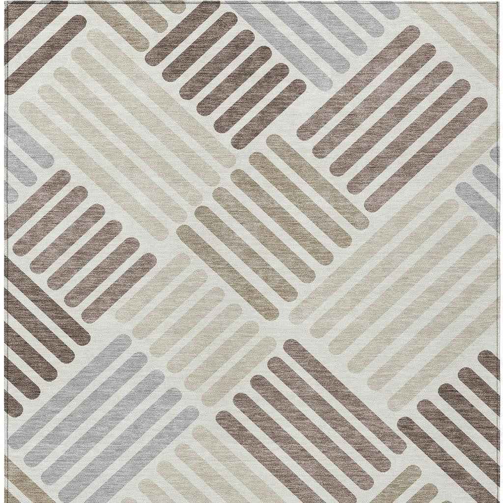 8' X 10' Ivory Beige And Brown Geometric Washable Indoor Outdoor Area Rug