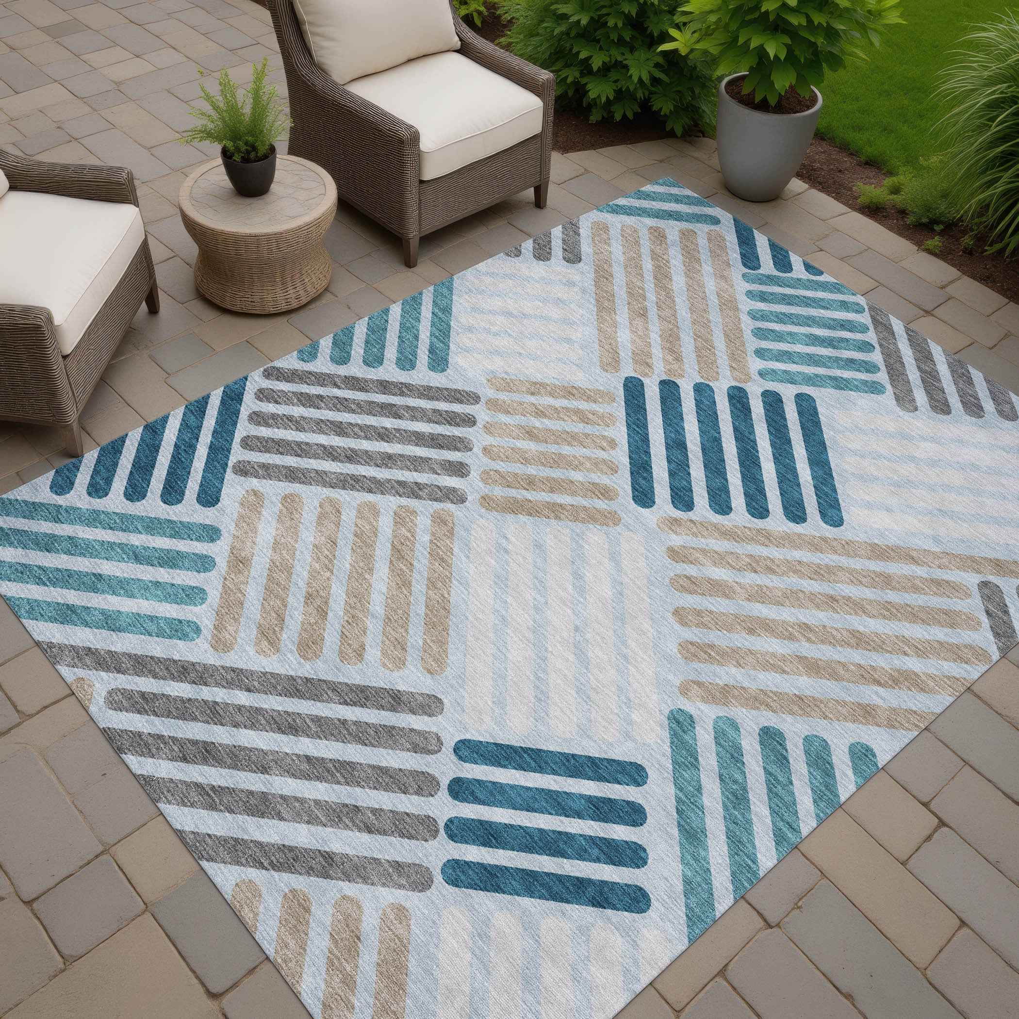 9' X 12' Teal Blue Wheat And Gray Geometric Washable Indoor Outdoor Area Rug