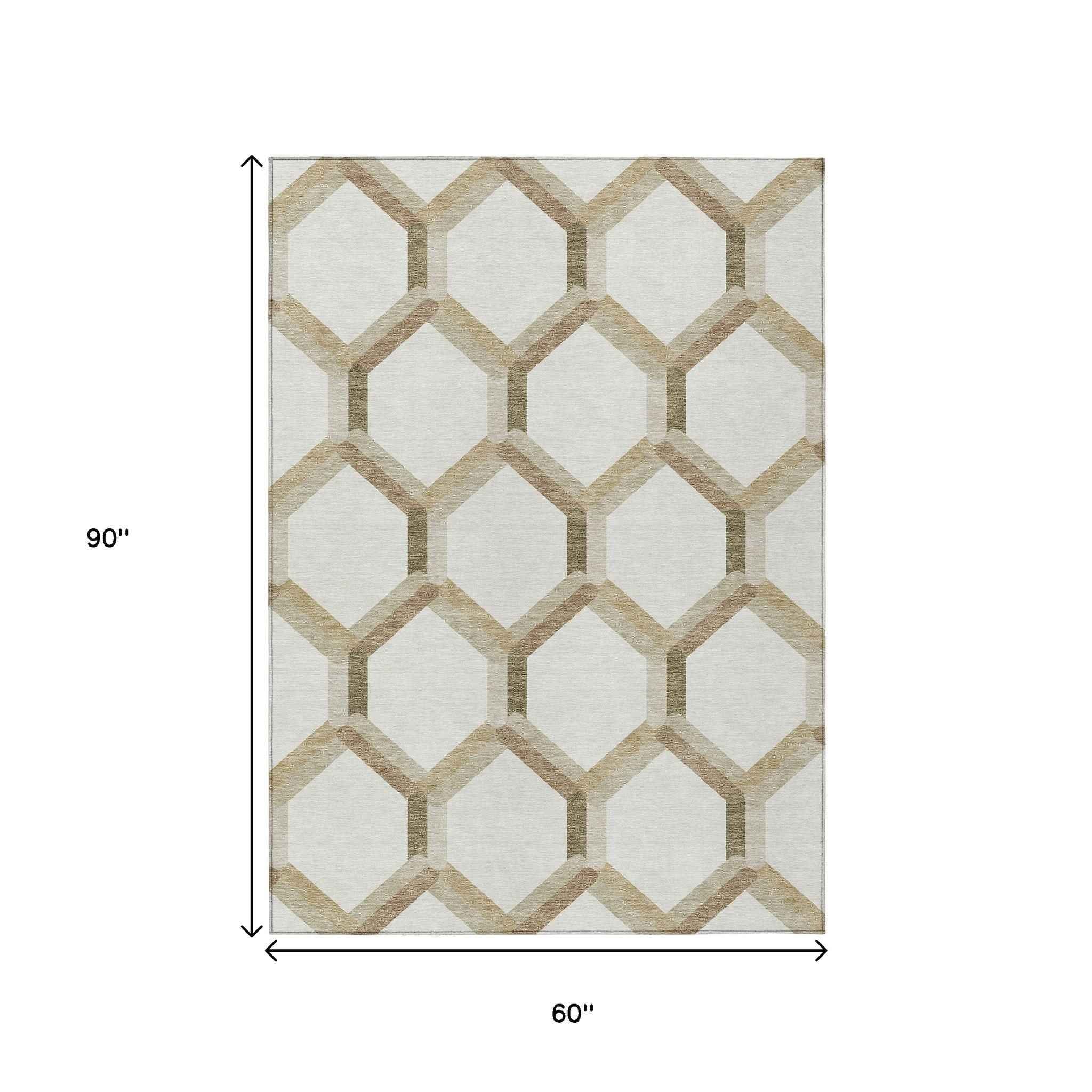 5' X 8' Ivory And Brown Geometric Washable Indoor Outdoor Area Rug