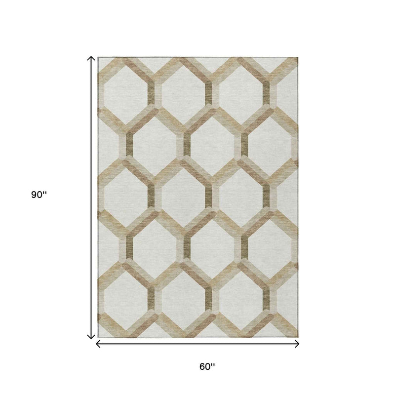 5' X 8' Ivory And Brown Geometric Washable Indoor Outdoor Area Rug