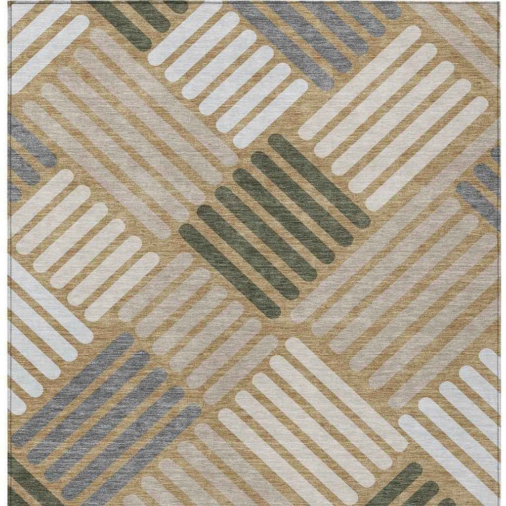 9' X 12' Gold Ivory And Charcoal Geometric Washable Indoor Outdoor Area Rug