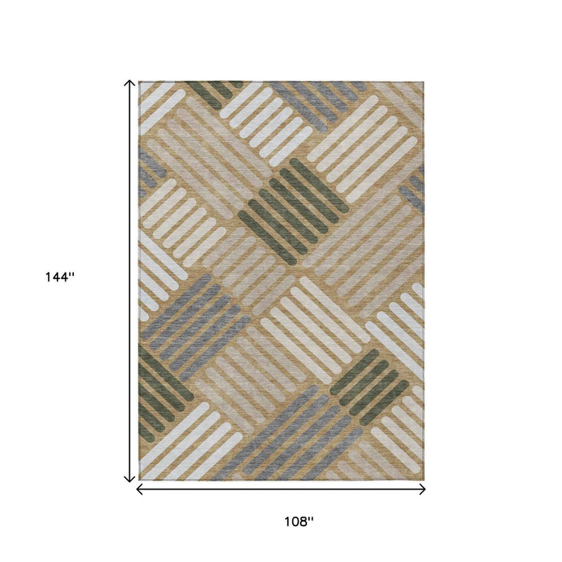 9' X 12' Gold Ivory And Charcoal Geometric Washable Indoor Outdoor Area Rug