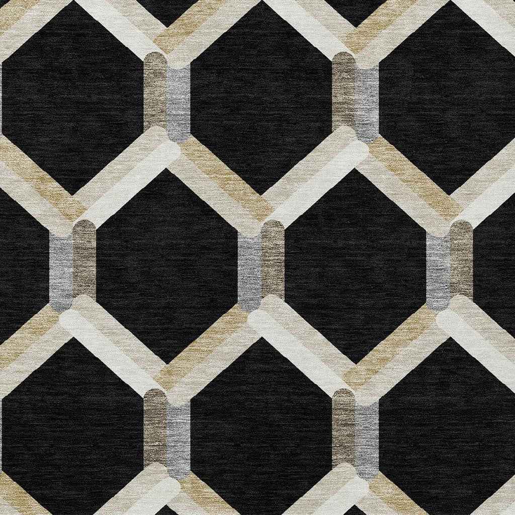 10' X 14' Black Ivory And Wheat Geometric Washable Indoor Outdoor Area Rug