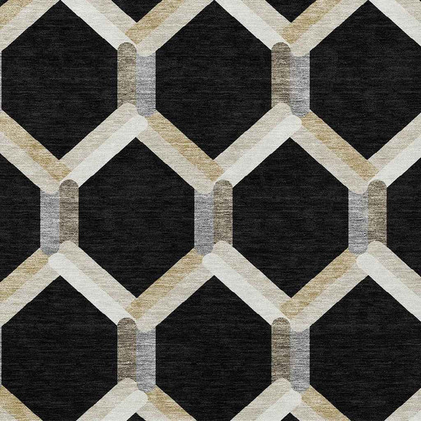 10' X 14' Black Ivory And Wheat Geometric Washable Indoor Outdoor Area Rug