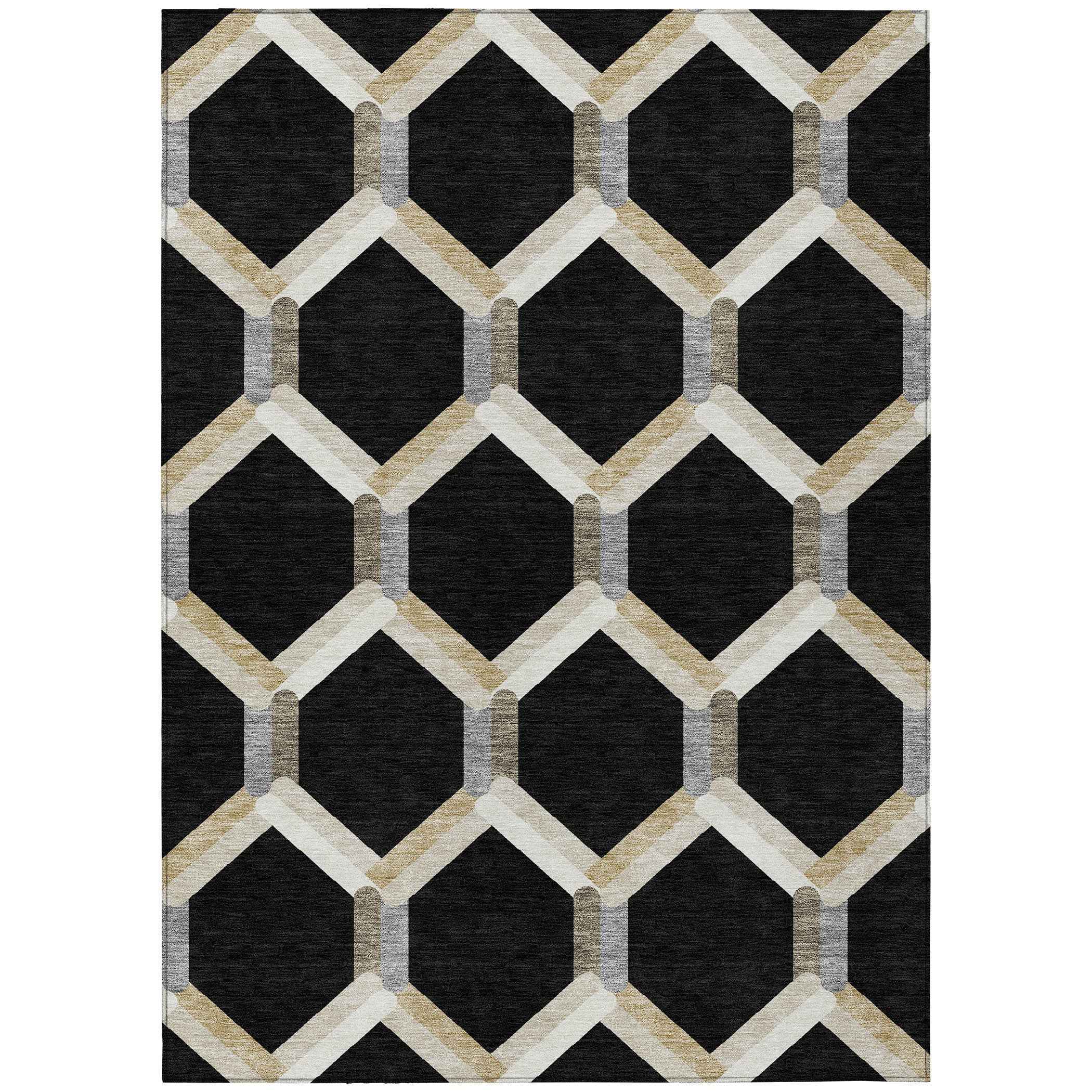 10' X 14' Black Ivory And Wheat Geometric Washable Indoor Outdoor Area Rug