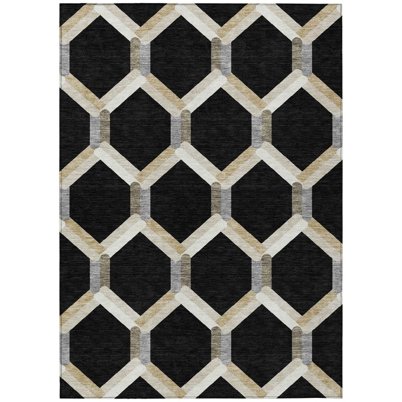 10' X 14' Black Ivory And Wheat Geometric Washable Indoor Outdoor Area Rug