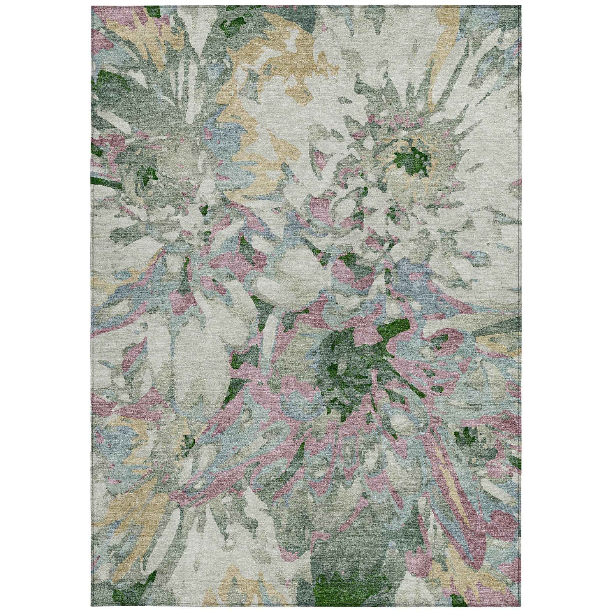 9' X 12' Sage Gold And Emerald Floral Washable Indoor Outdoor Area Rug