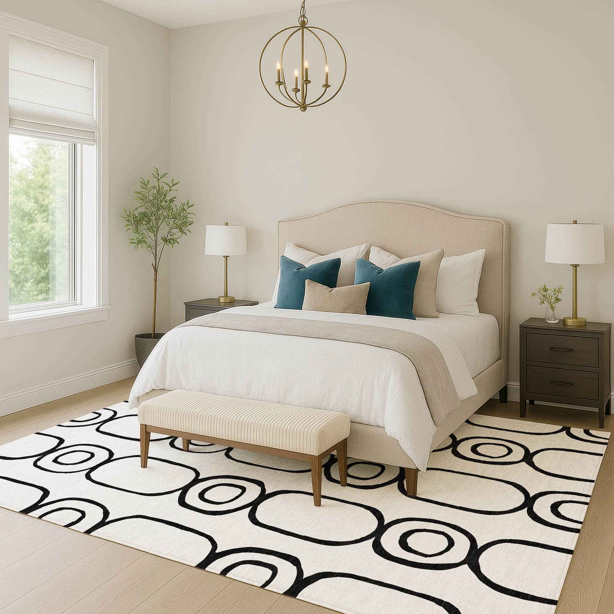 8' X 10' White And Black Geometric Washable Indoor Outdoor Area Rug