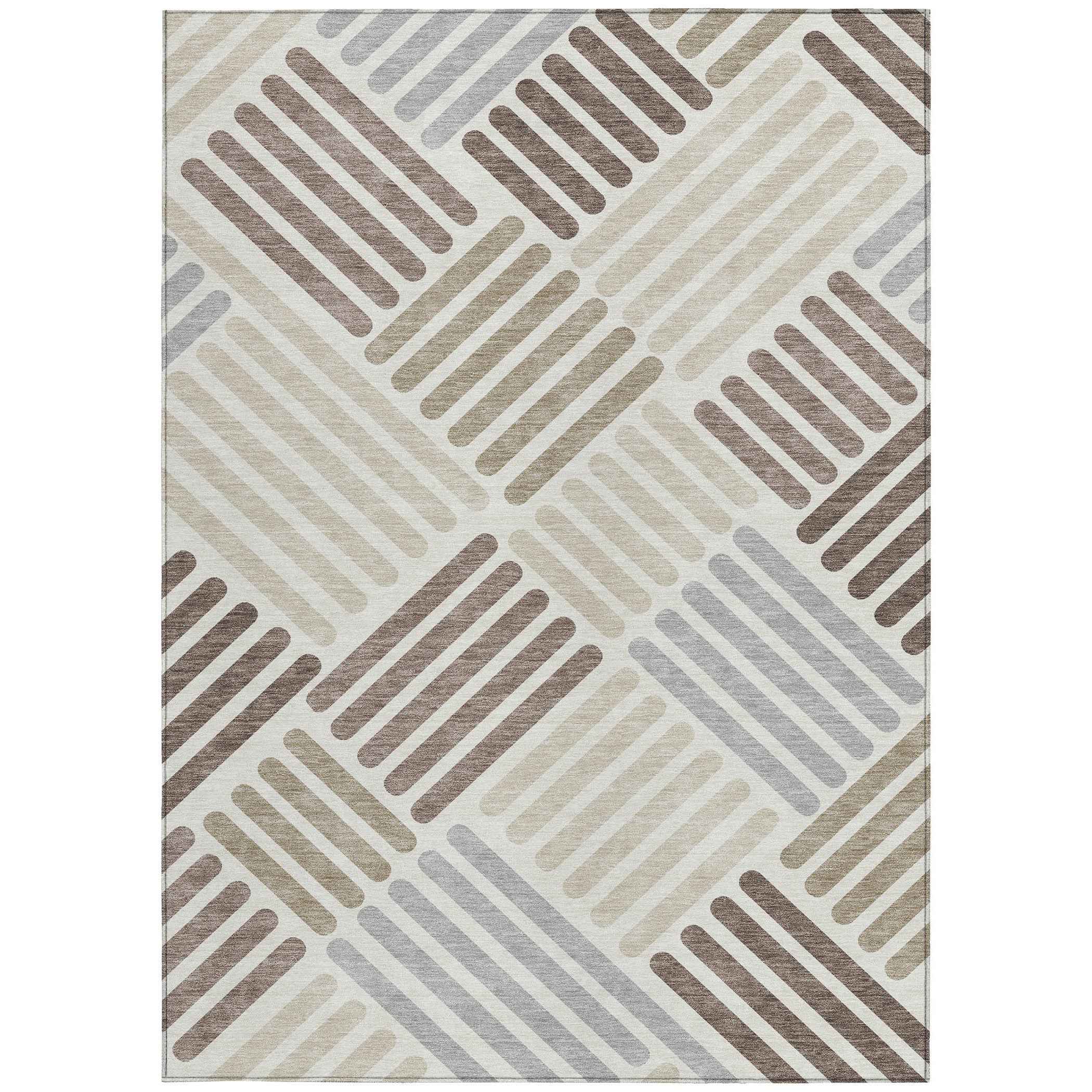 9' X 12' Ivory Beige And Brown Geometric Washable Indoor Outdoor Area Rug