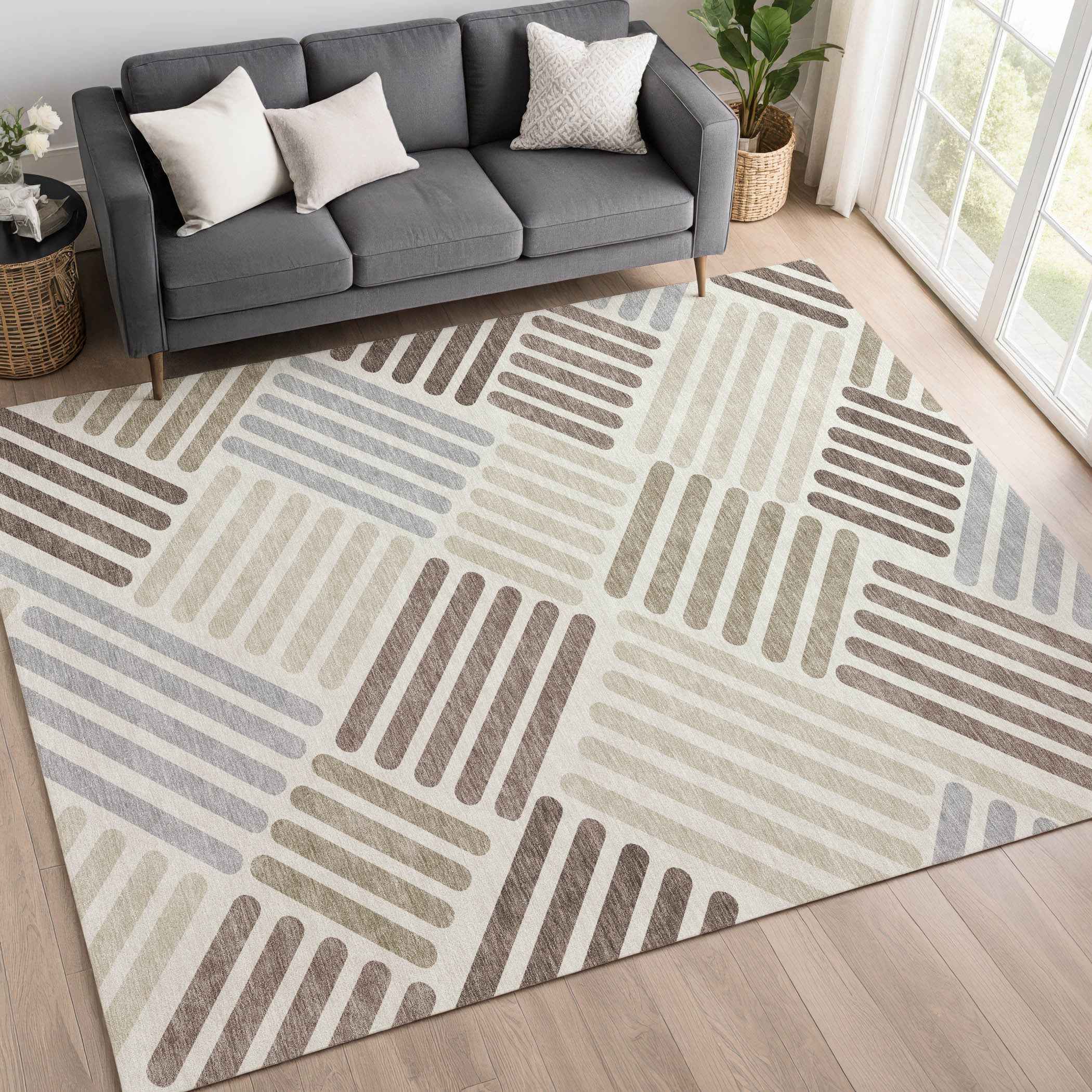9' X 12' Ivory Beige And Brown Geometric Washable Indoor Outdoor Area Rug
