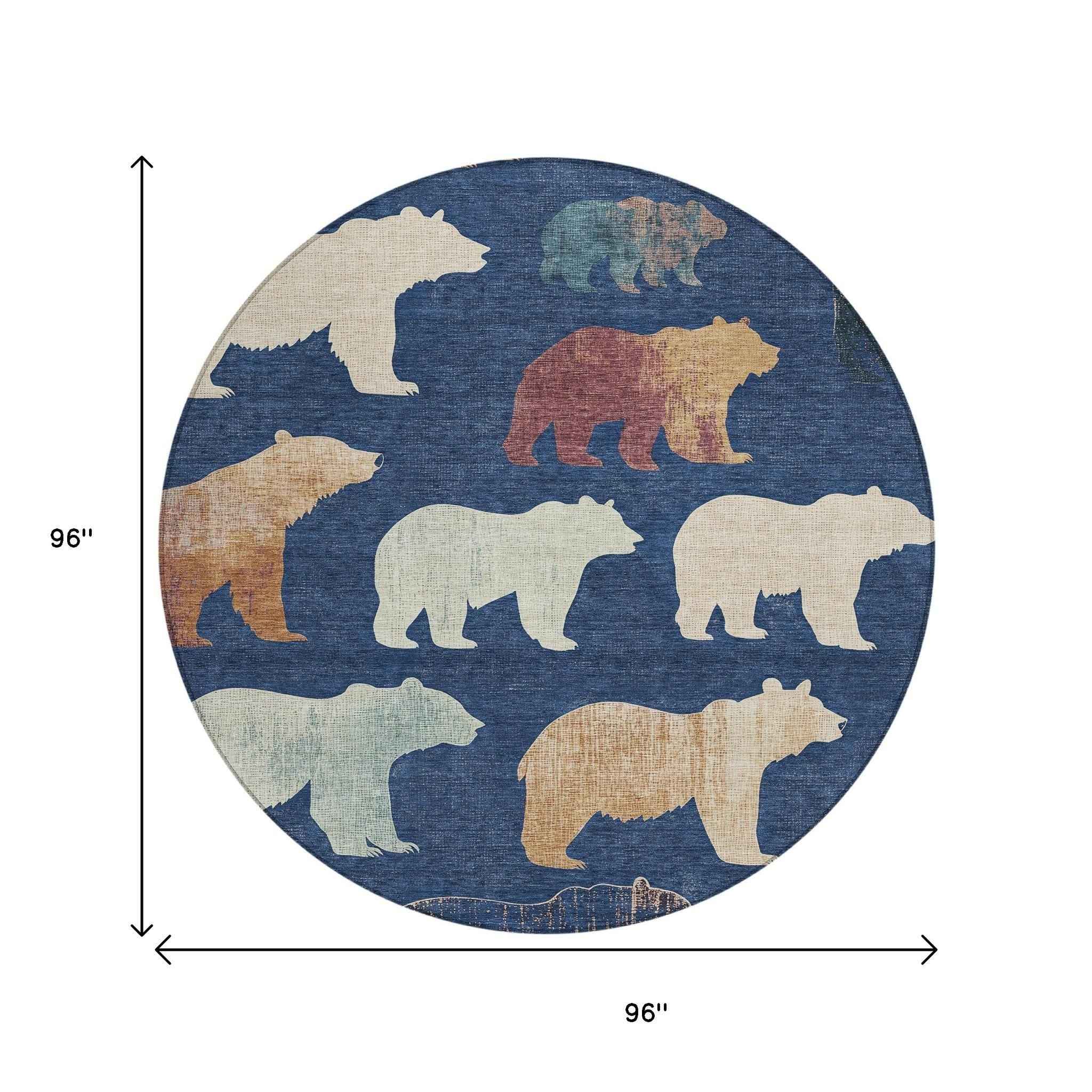 8' Navy Blue Ivory And Beige Round Animal Print Washable Indoor Outdoor Area Rug