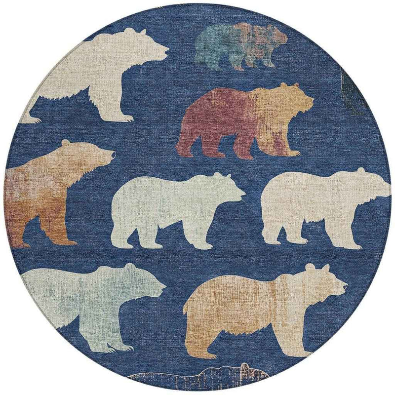 8' Navy Blue Ivory And Beige Round Animal Print Washable Indoor Outdoor Area Rug