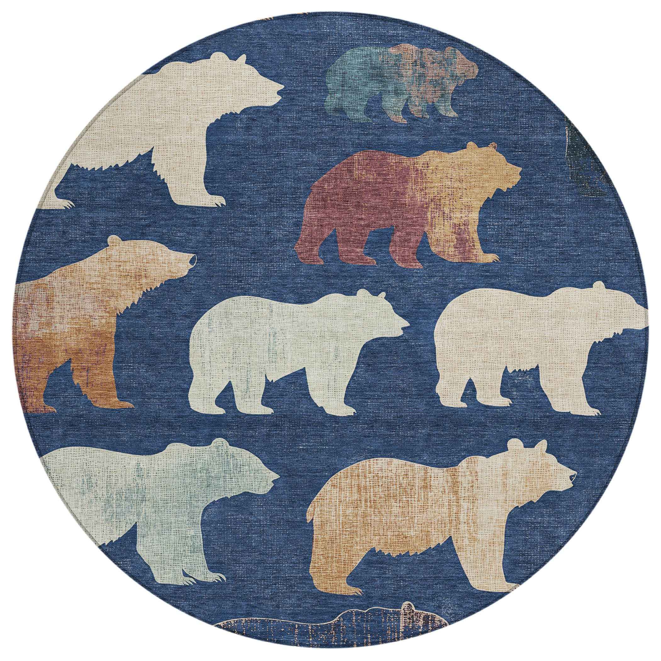 8' Navy Blue Ivory And Beige Round Animal Print Washable Indoor Outdoor Area Rug