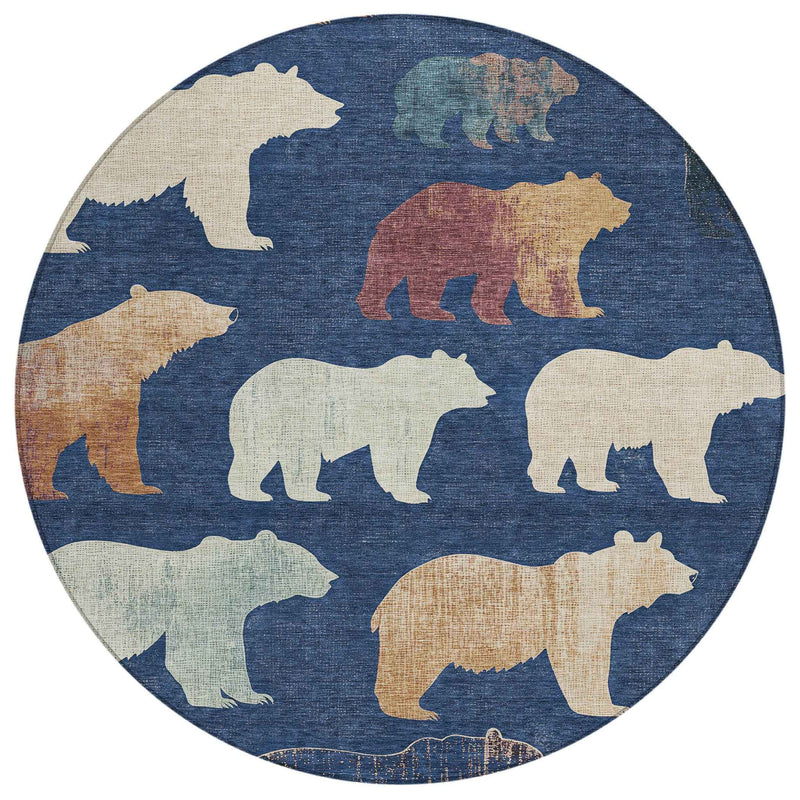 8' Navy Blue Ivory And Beige Round Animal Print Washable Indoor Outdoor Area Rug