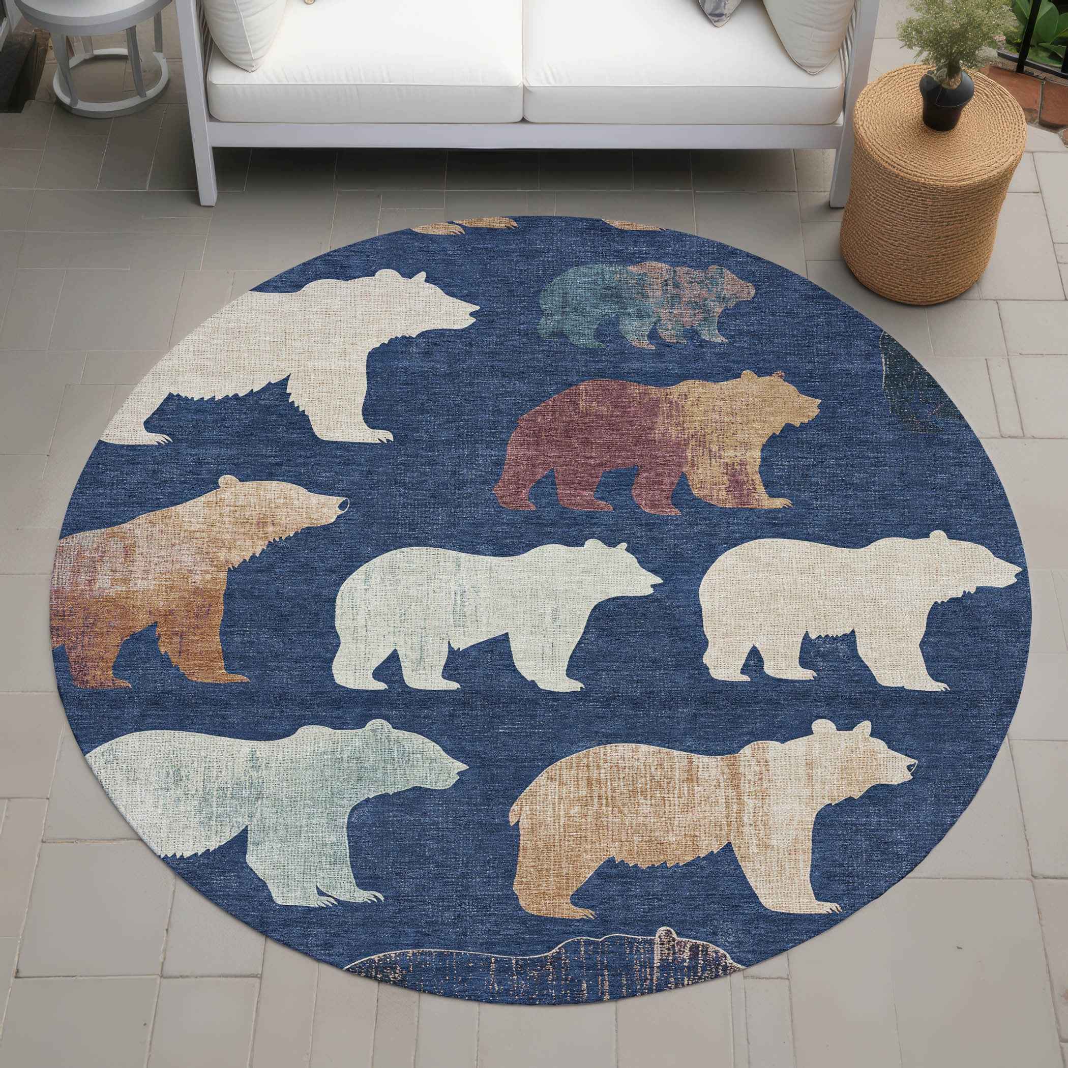 8' Navy Blue Ivory And Beige Round Animal Print Washable Indoor Outdoor Area Rug