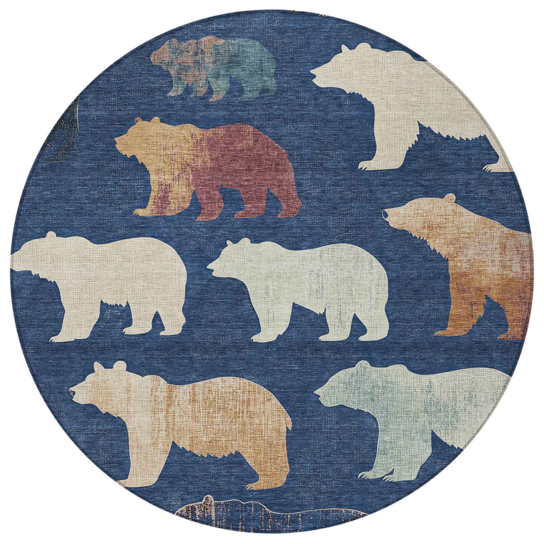 8' Navy Blue Ivory And Beige Round Animal Print Washable Indoor Outdoor Area Rug