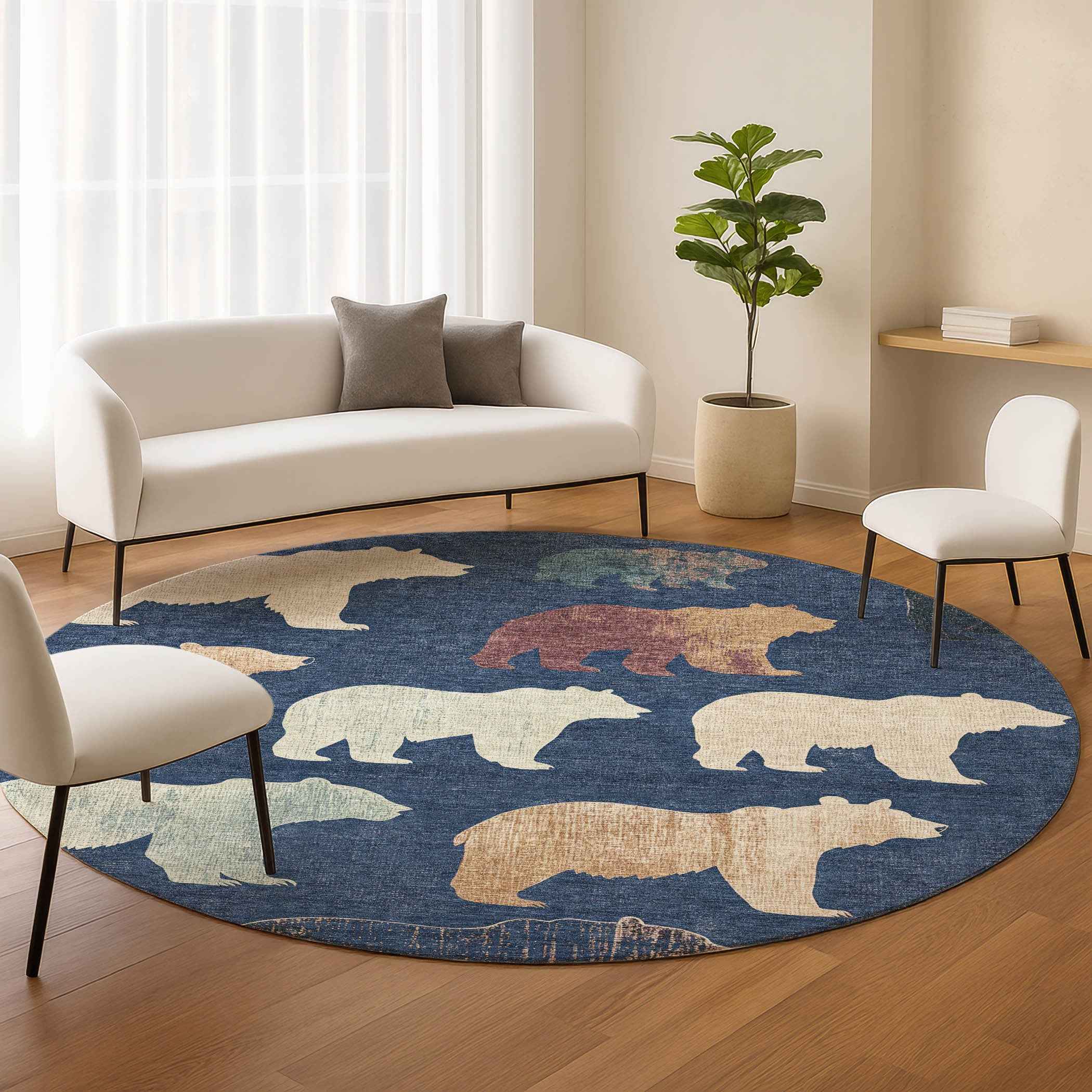 8' Navy Blue Ivory And Beige Round Animal Print Washable Indoor Outdoor Area Rug