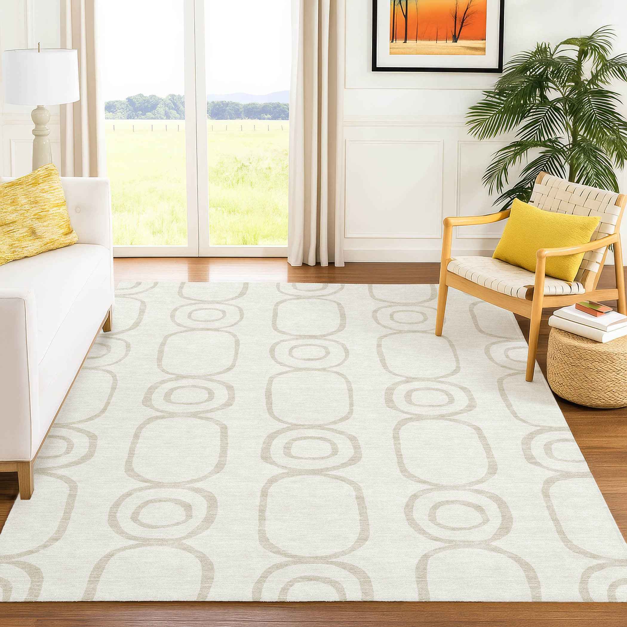 8' X 10' Ivory And Beige Geometric Washable Indoor Outdoor Area Rug