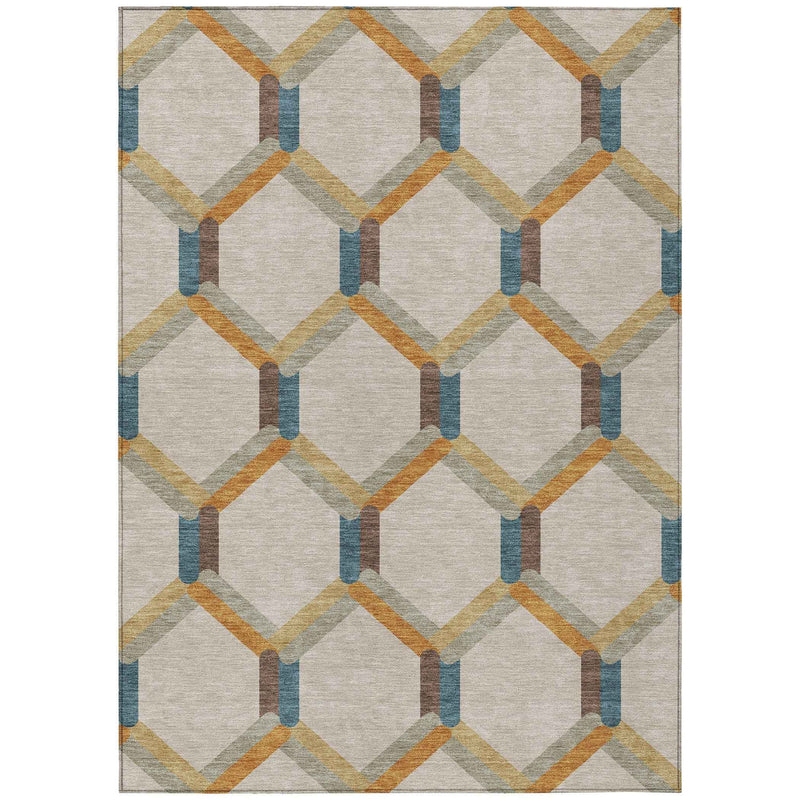 8' X 10' Beige Wheat And Blue Geometric Washable Indoor Outdoor Area Rug