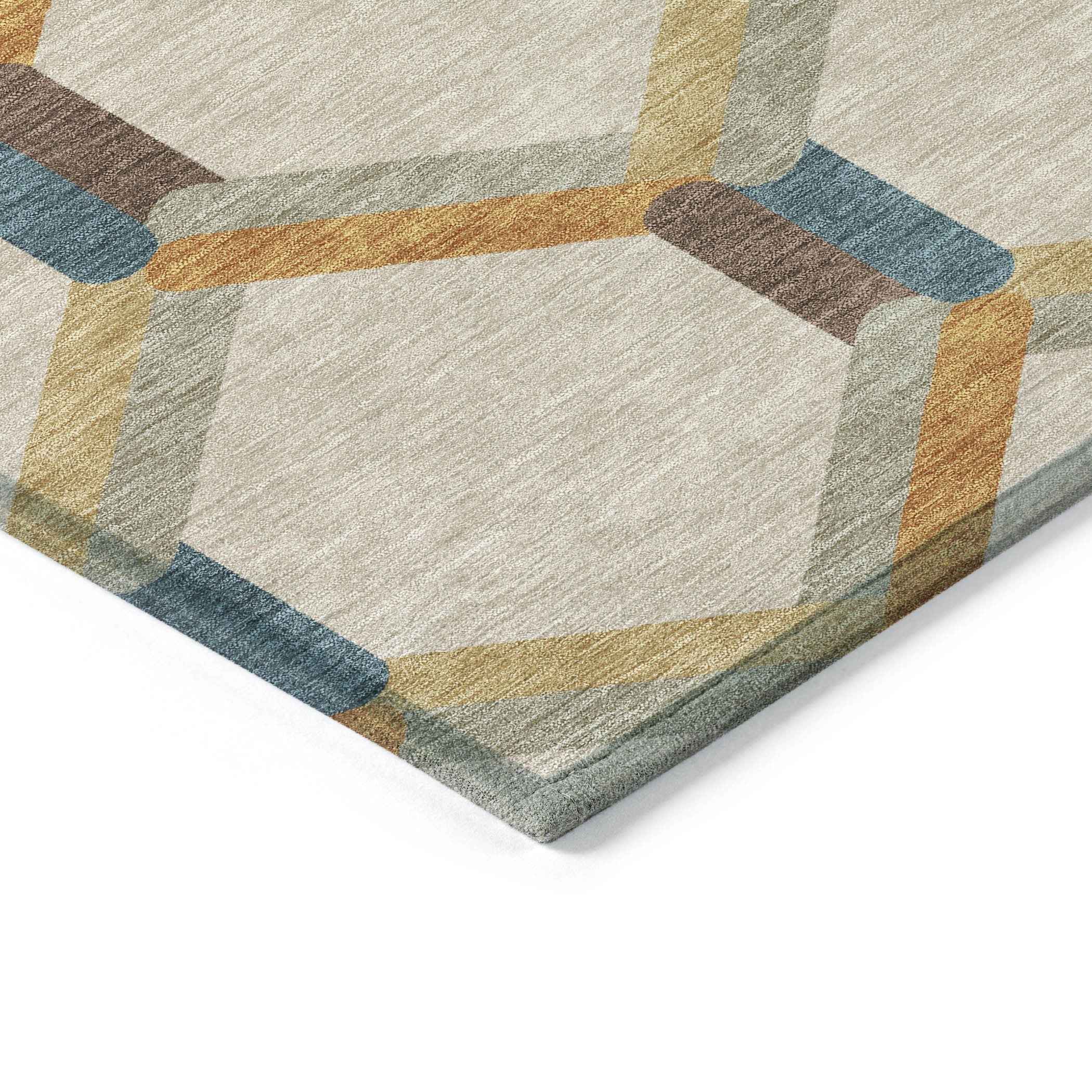 8' X 10' Beige Wheat And Blue Geometric Washable Indoor Outdoor Area Rug