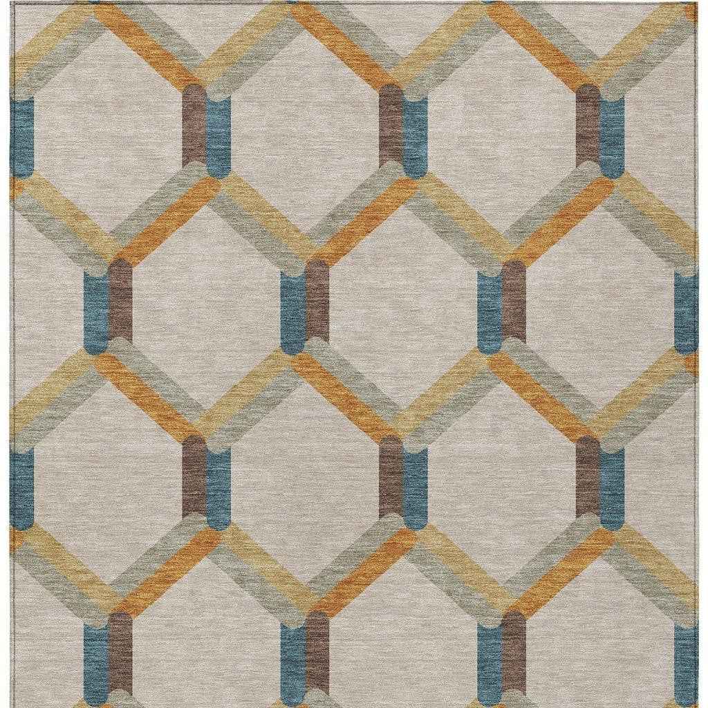 8' X 10' Beige Wheat And Blue Geometric Washable Indoor Outdoor Area Rug