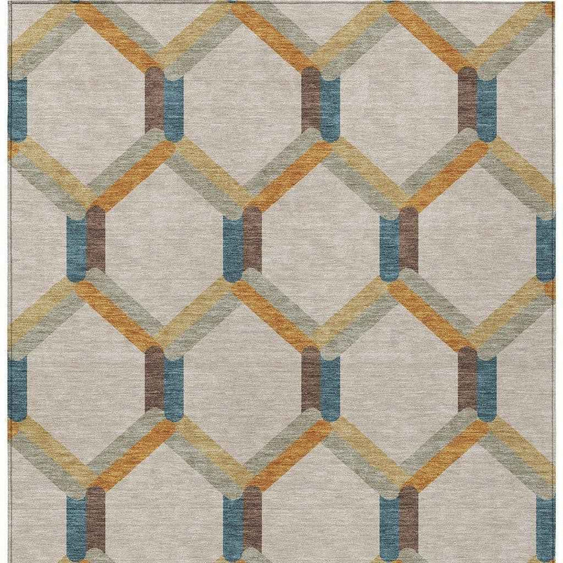 8' X 10' Beige Wheat And Blue Geometric Washable Indoor Outdoor Area Rug
