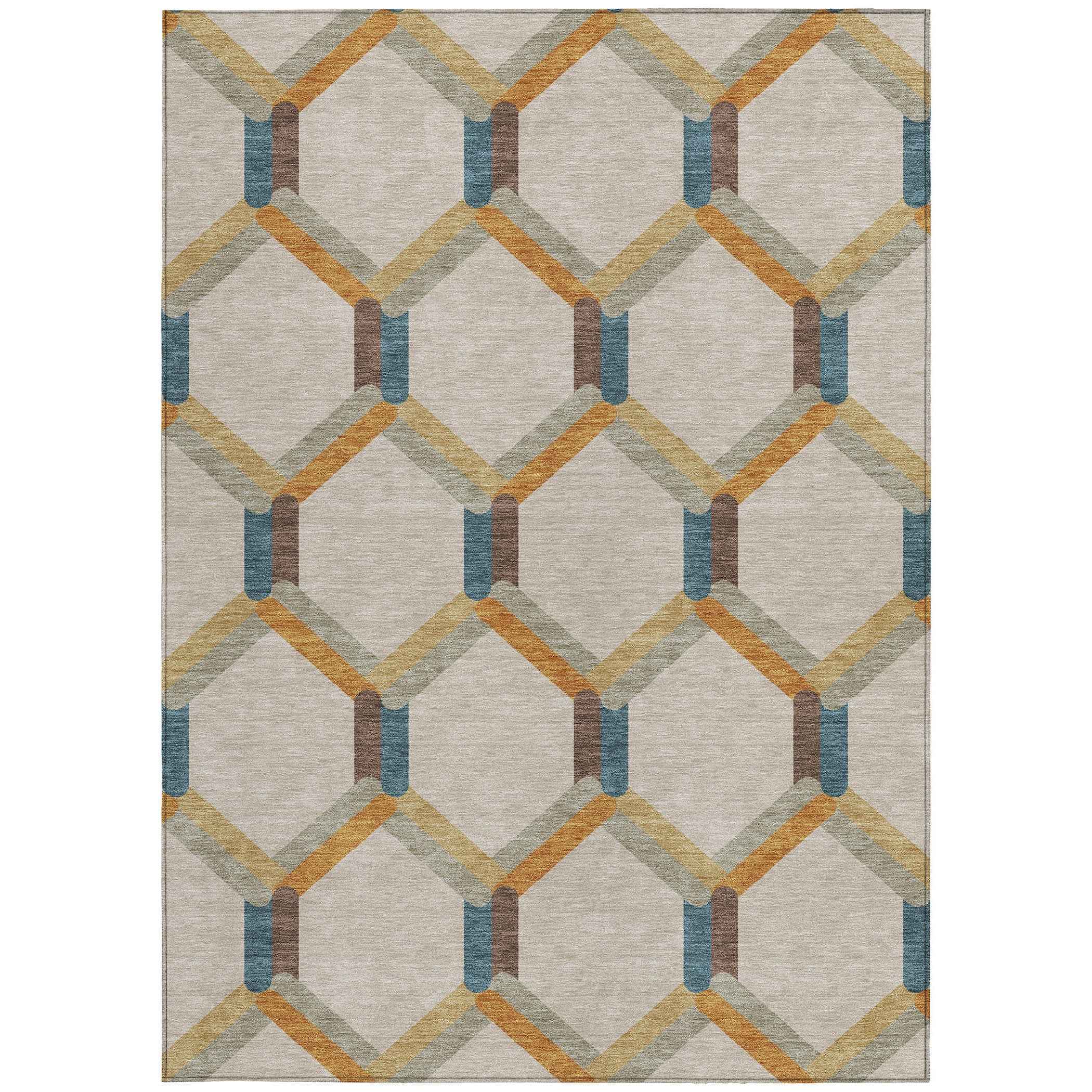 8' X 10' Beige Wheat And Blue Geometric Washable Indoor Outdoor Area Rug
