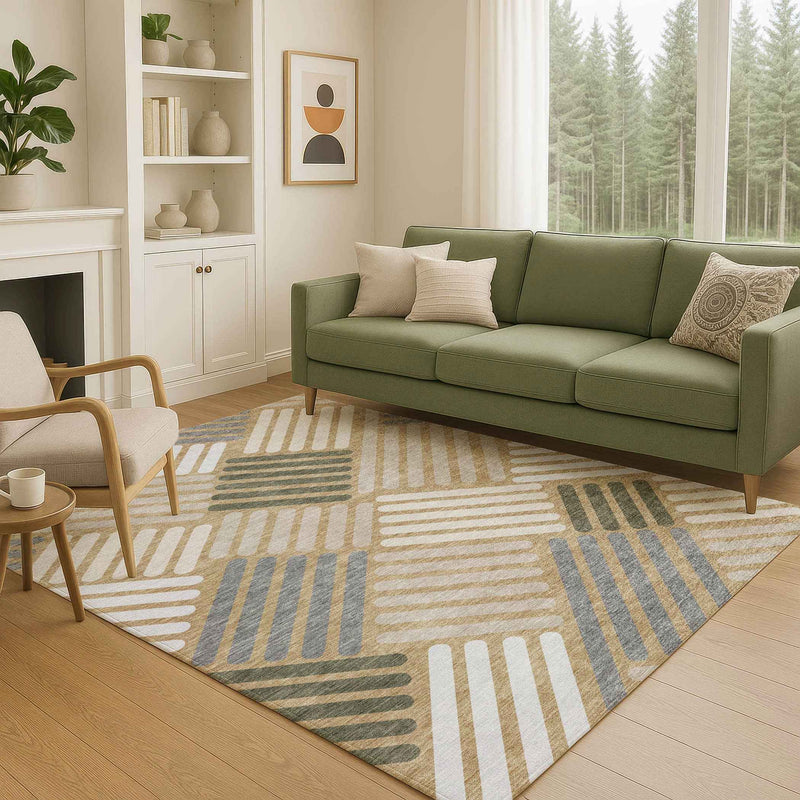 10' X 14' Gold Ivory And Charcoal Geometric Washable Indoor Outdoor Area Rug