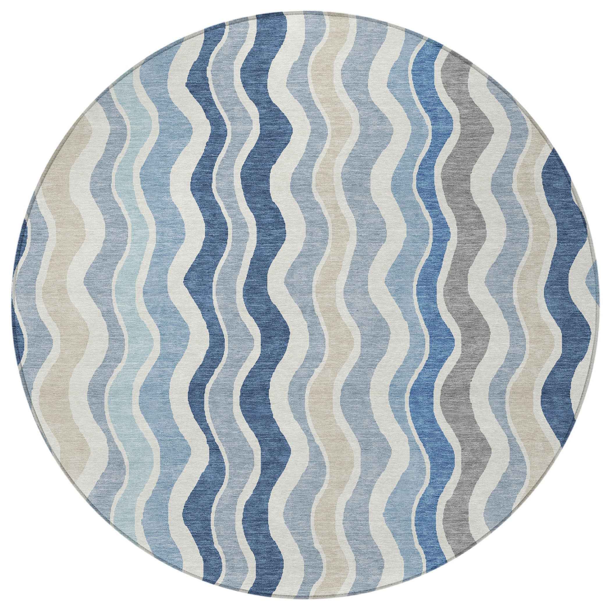 8' Blue Khaki And Ivory Round Striped Washable Indoor Outdoor Area Rug Default Title