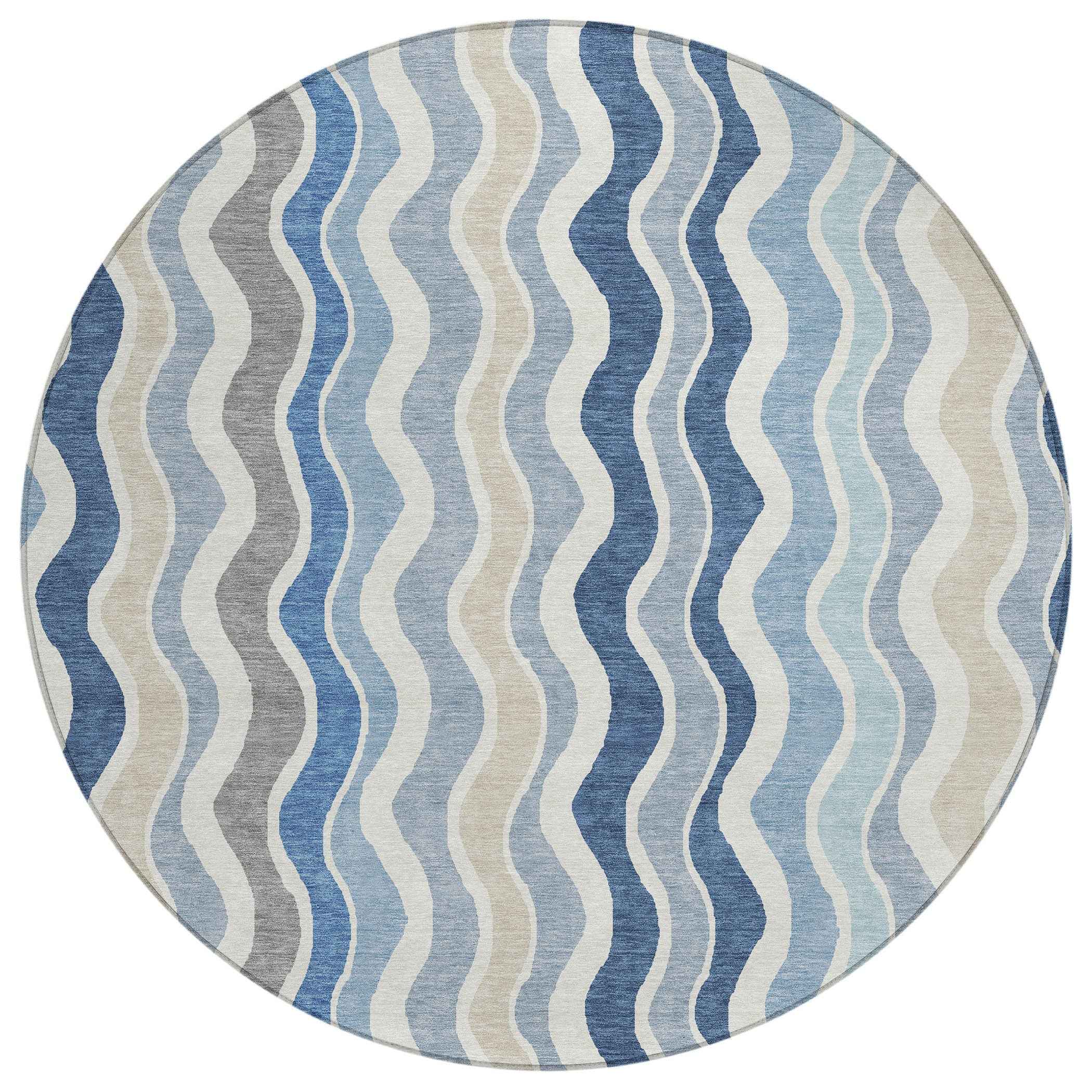 8' Blue Khaki And Ivory Round Striped Washable Indoor Outdoor Area Rug