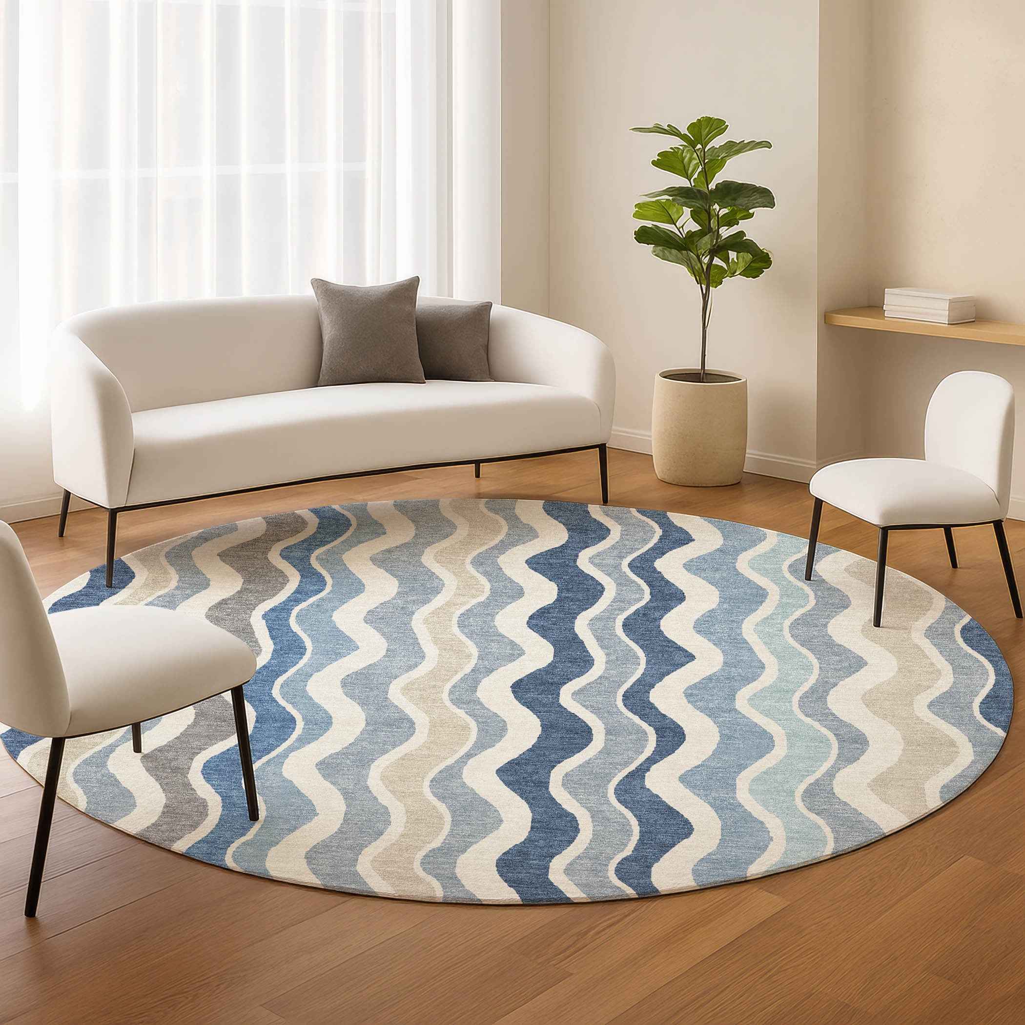 8' Blue Khaki And Ivory Round Striped Washable Indoor Outdoor Area Rug
