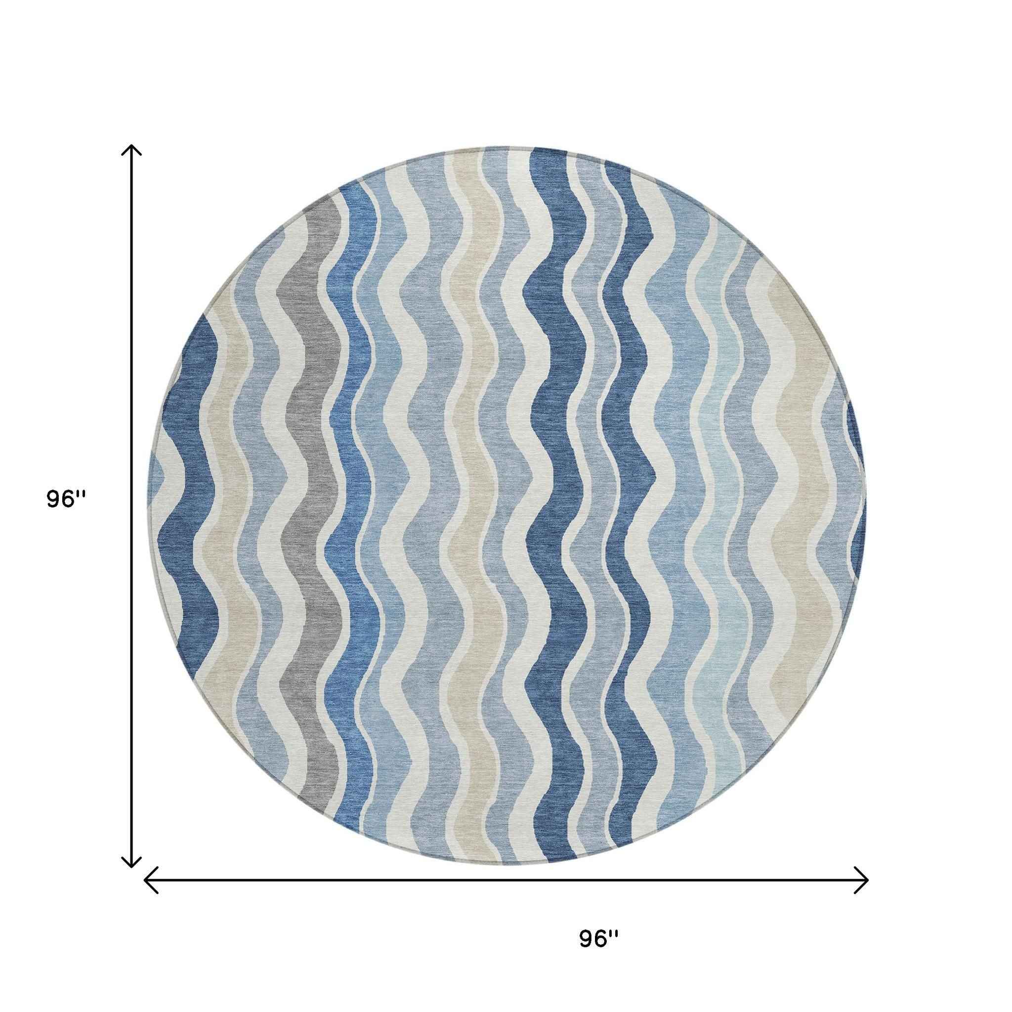 8' Blue Khaki And Ivory Round Striped Washable Indoor Outdoor Area Rug