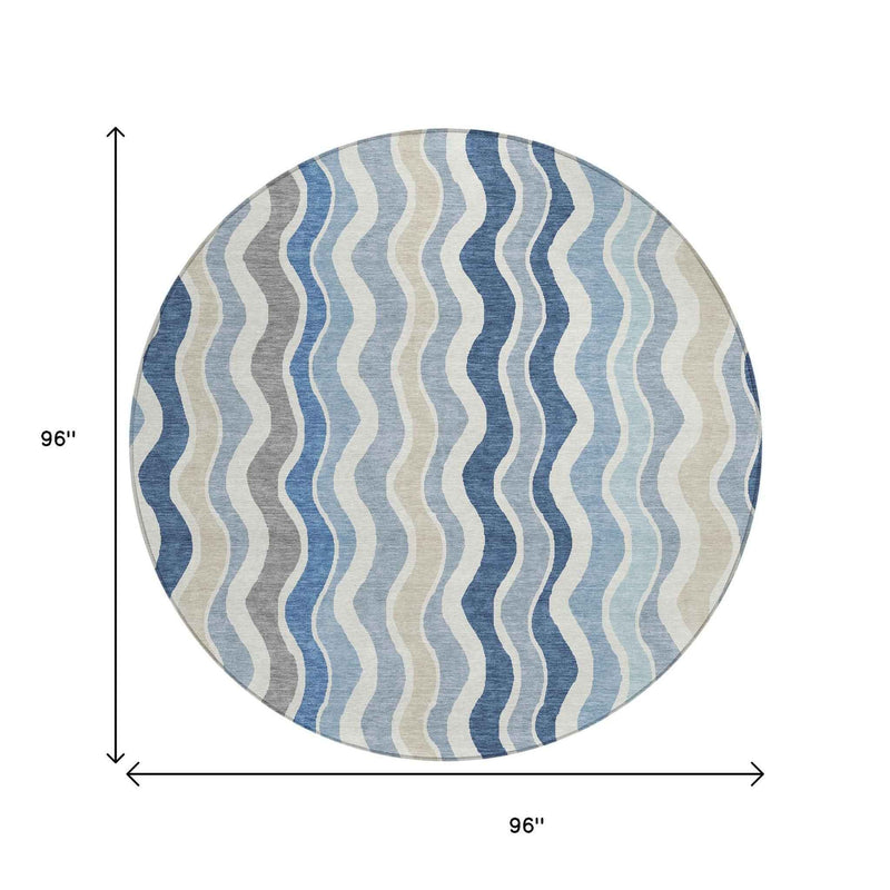 8' Blue Khaki And Ivory Round Striped Washable Indoor Outdoor Area Rug