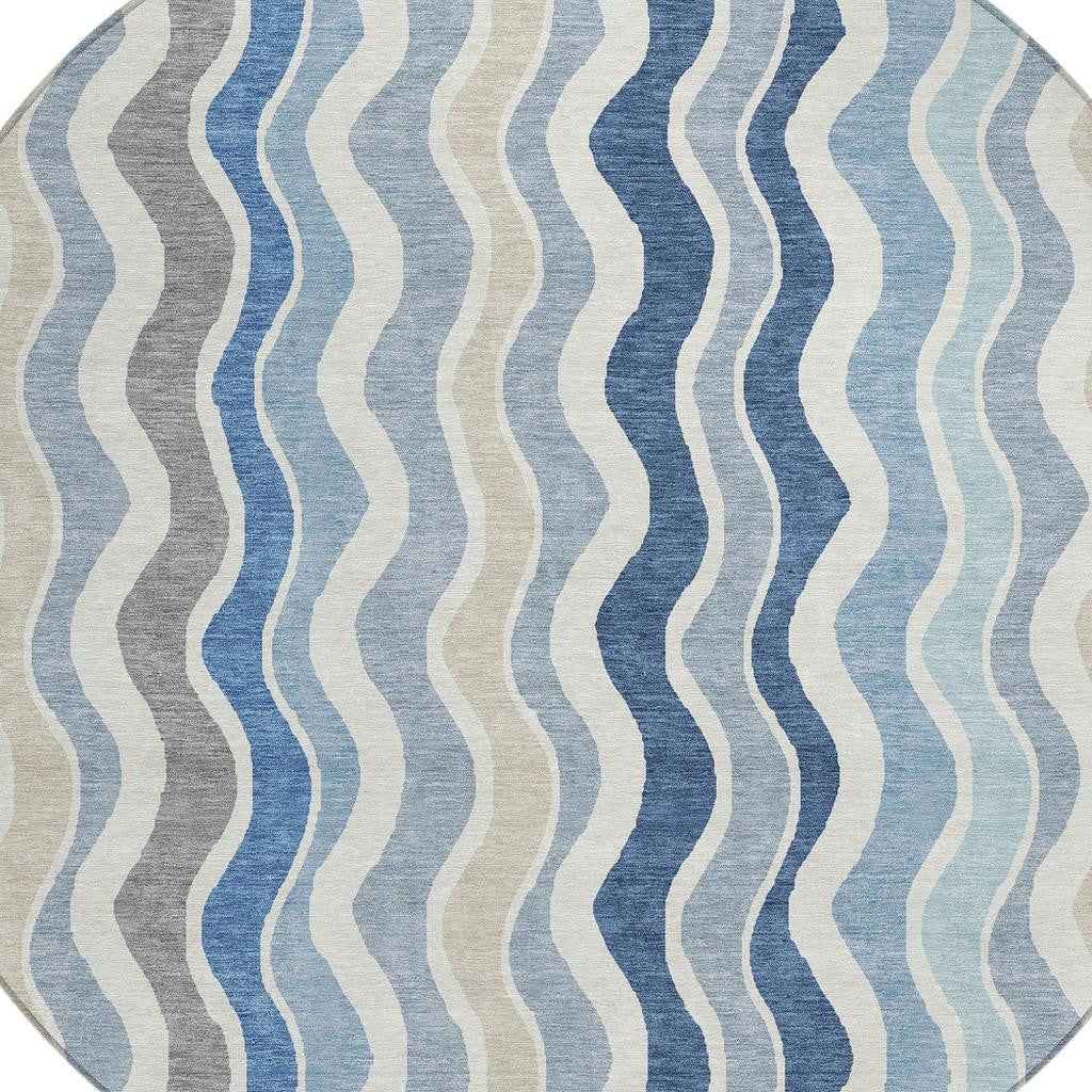 8' Blue Khaki And Ivory Round Striped Washable Indoor Outdoor Area Rug