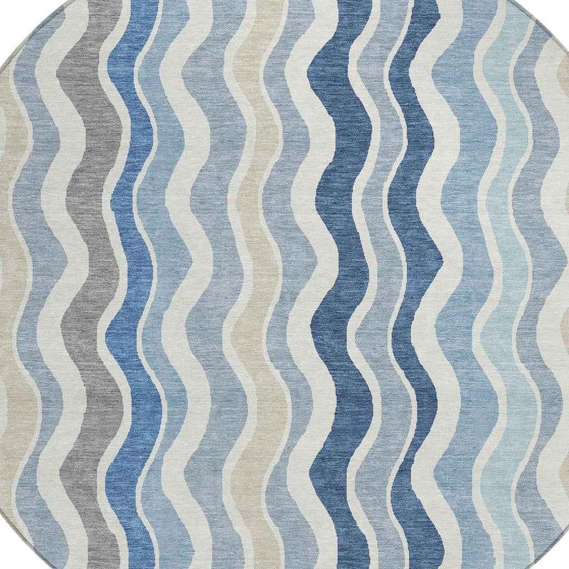 8' Blue Khaki And Ivory Round Striped Washable Indoor Outdoor Area Rug