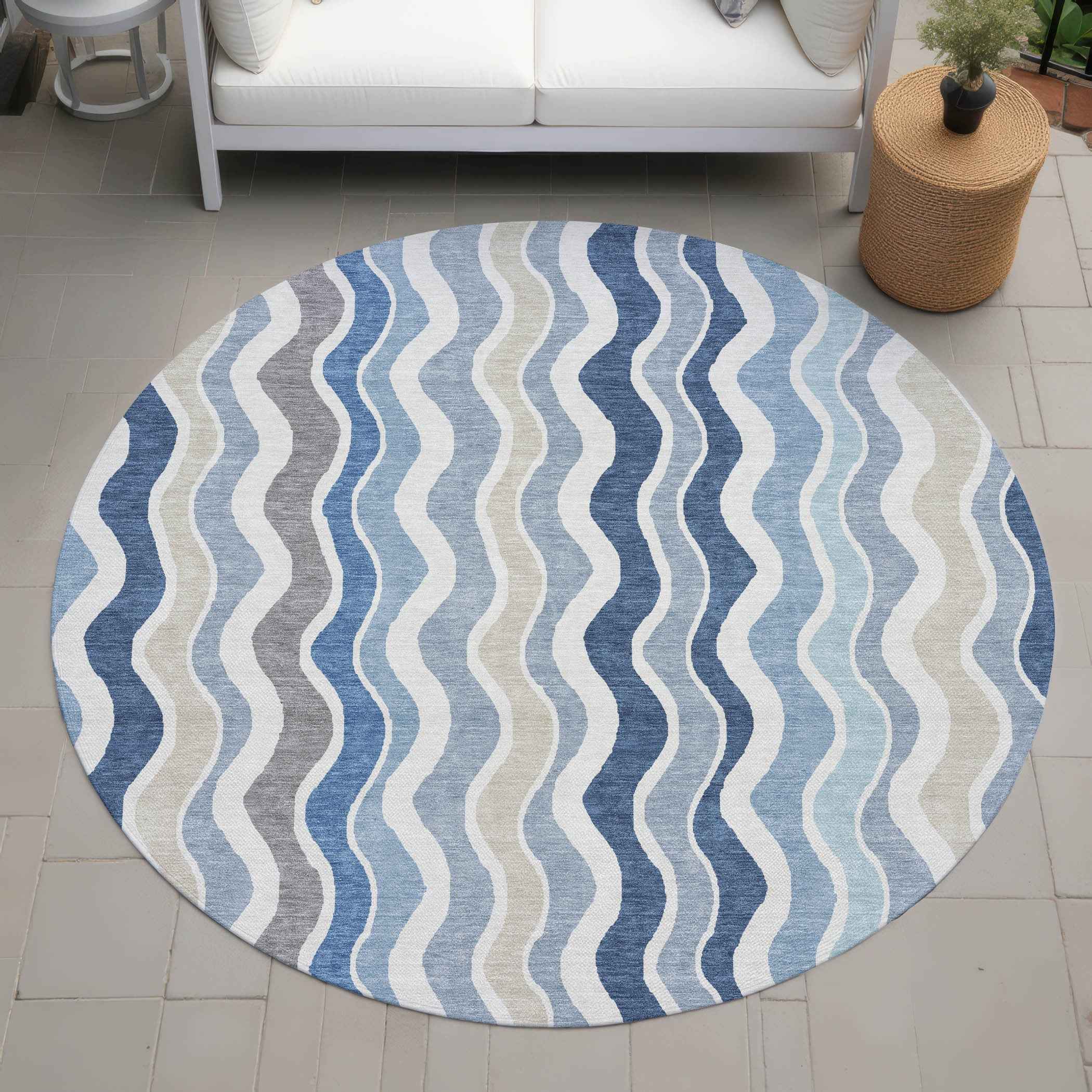 8' Blue Khaki And Ivory Round Striped Washable Indoor Outdoor Area Rug