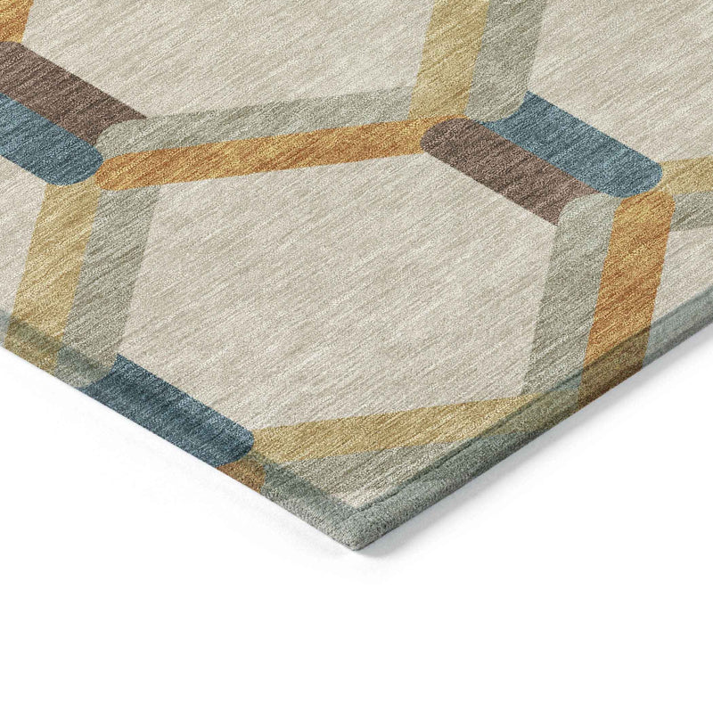 10' X 14' Beige Wheat And Blue Geometric Washable Indoor Outdoor Area Rug