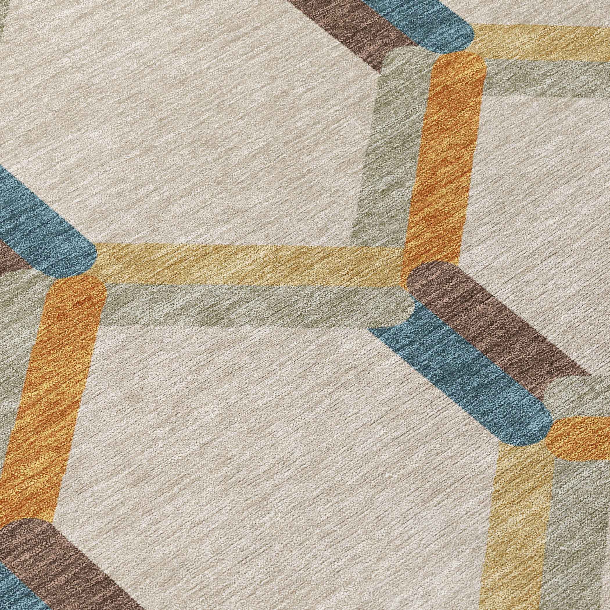10' X 14' Beige Wheat And Blue Geometric Washable Indoor Outdoor Area Rug