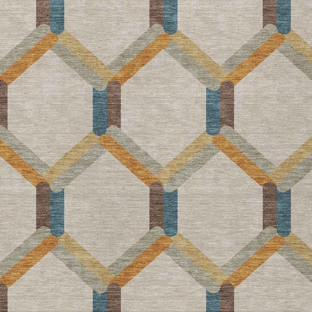 10' X 14' Beige Wheat And Blue Geometric Washable Indoor Outdoor Area Rug