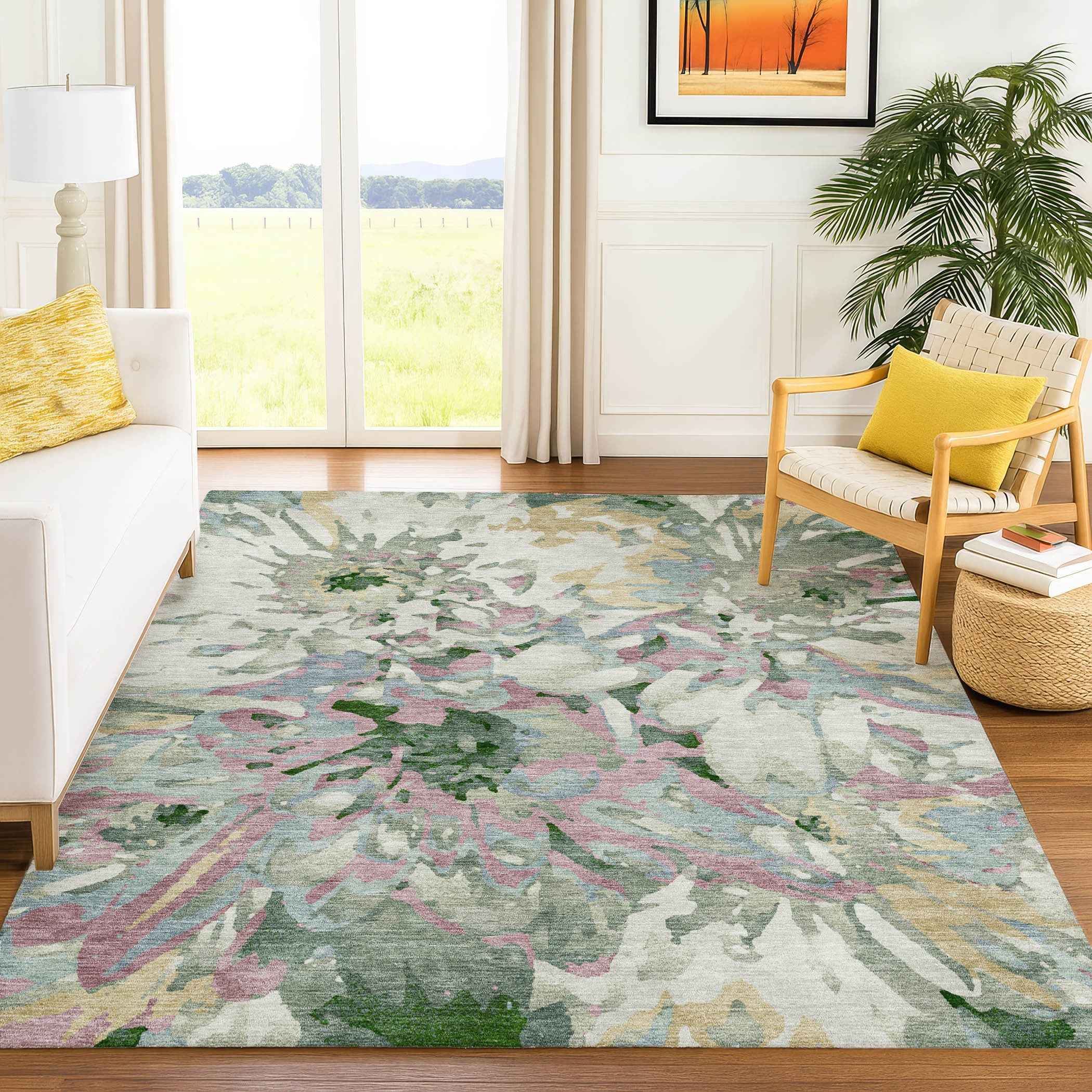 5' X 8' Sage Gold And Emerald Floral Washable Indoor Outdoor Area Rug