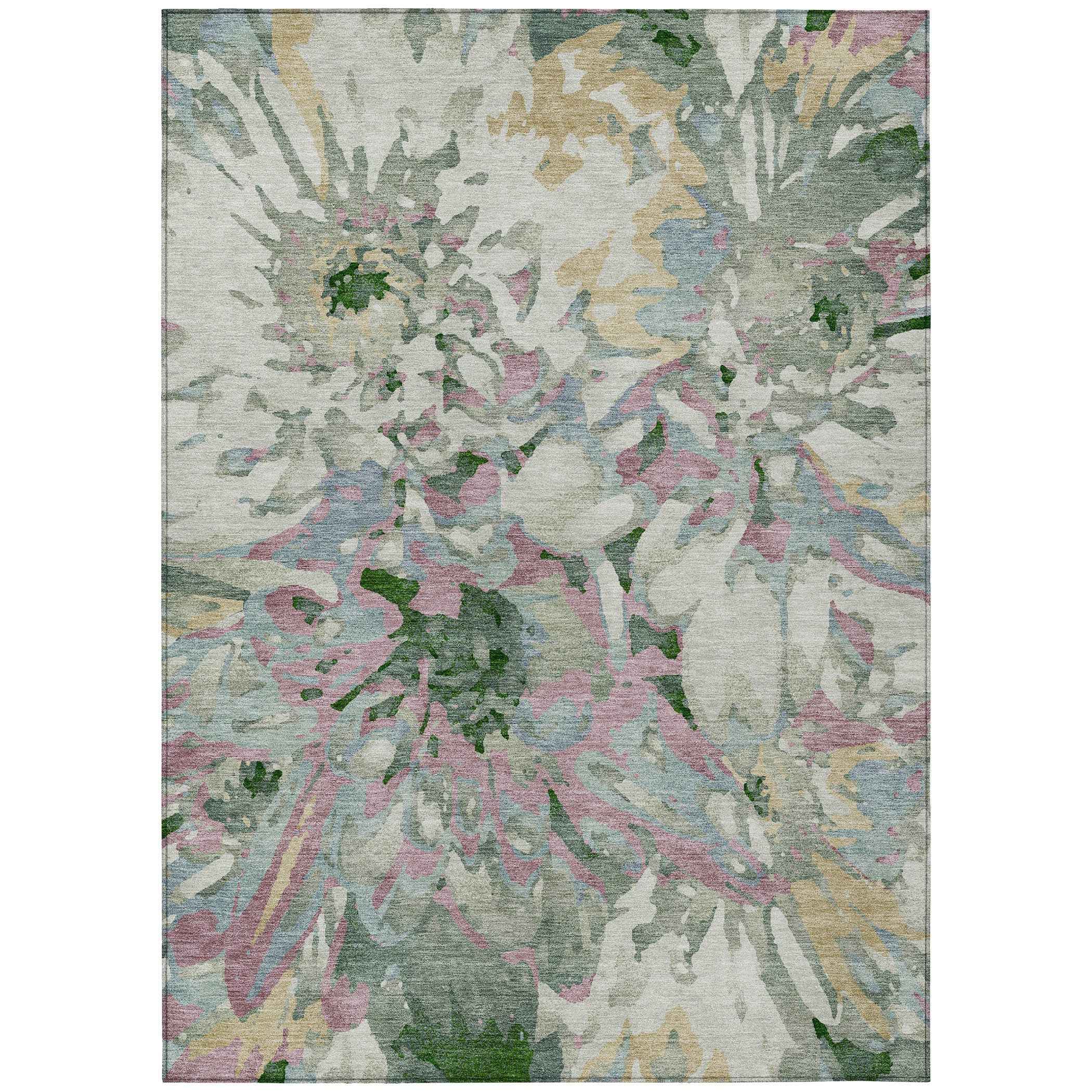 5' X 8' Sage Gold And Emerald Floral Washable Indoor Outdoor Area Rug