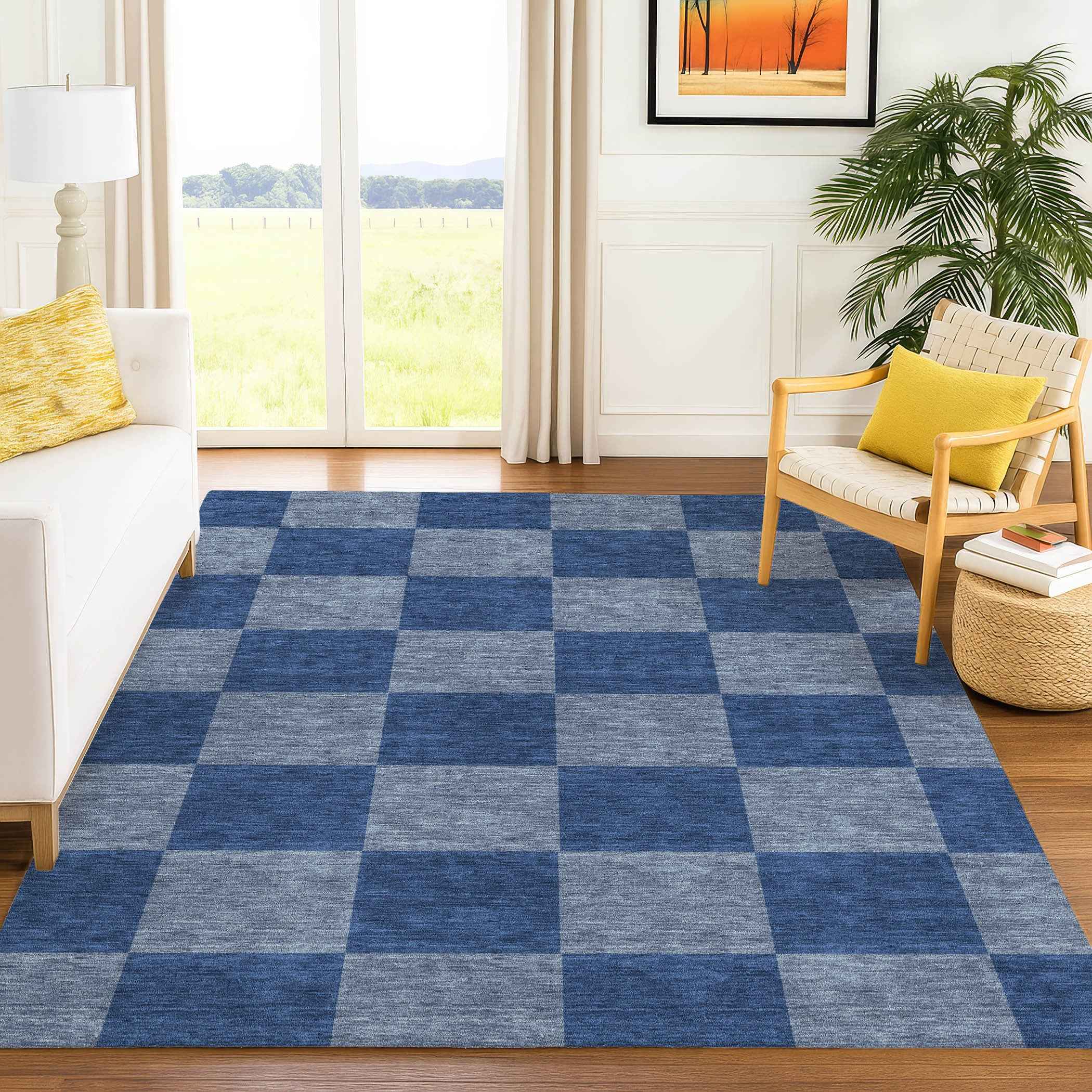 3' X 5' Blue And Gray Geometric Washable Indoor Outdoor Area Rug
