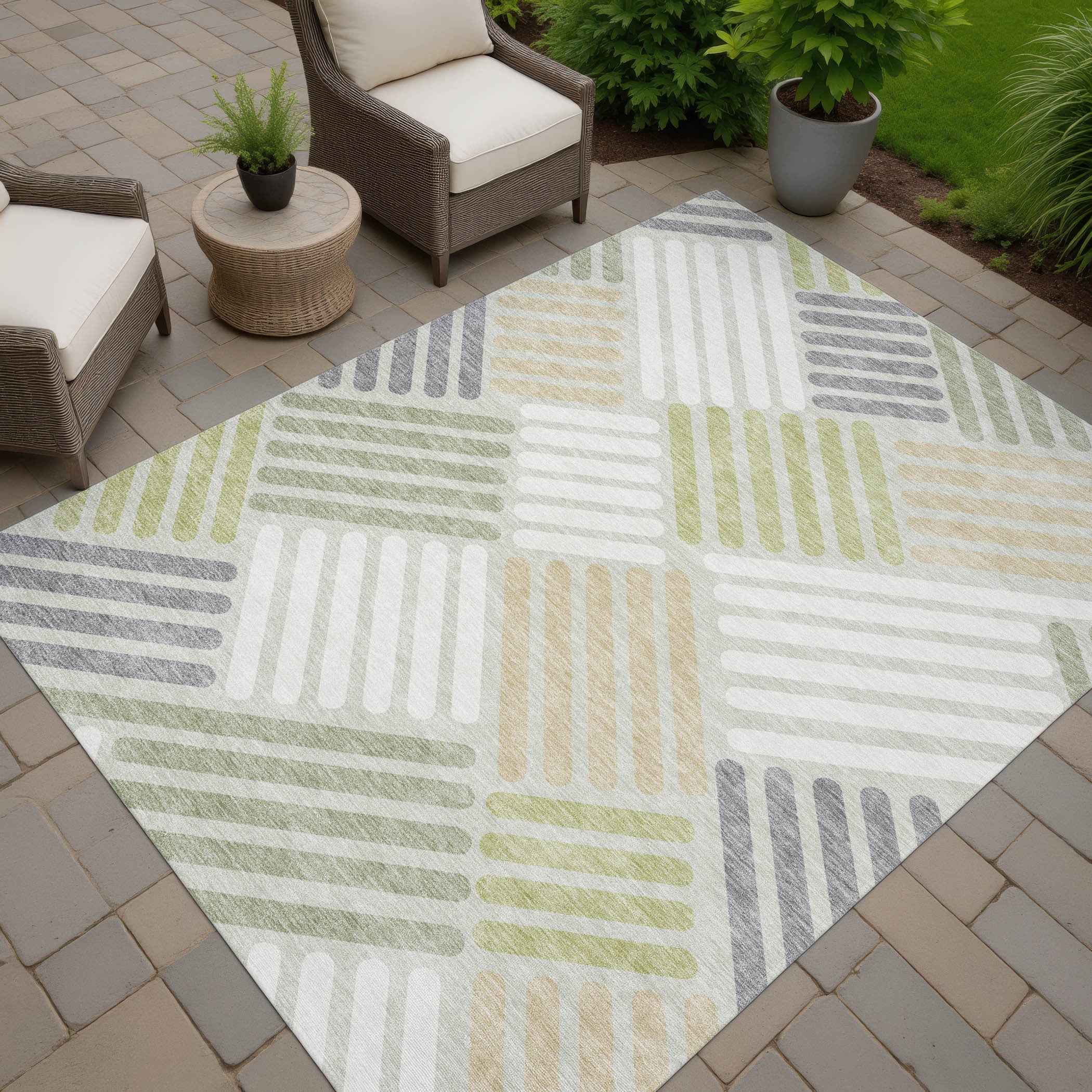 10' X 14' Artichoke Green Ivory And Gray Geometric Washable Indoor Outdoor Area Rug