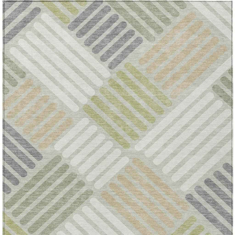 10' X 14' Artichoke Green Ivory And Gray Geometric Washable Indoor Outdoor Area Rug