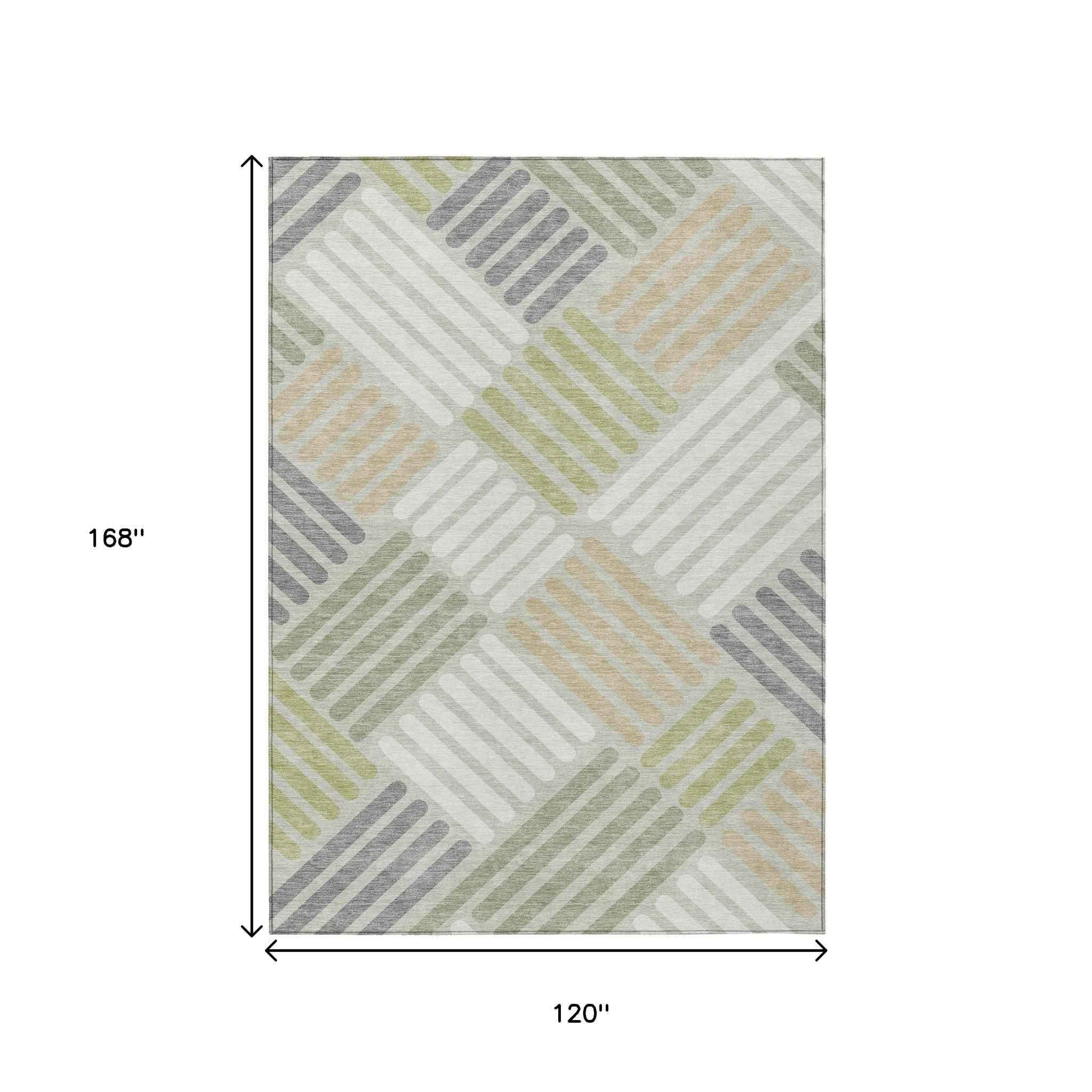 10' X 14' Artichoke Green Ivory And Gray Geometric Washable Indoor Outdoor Area Rug