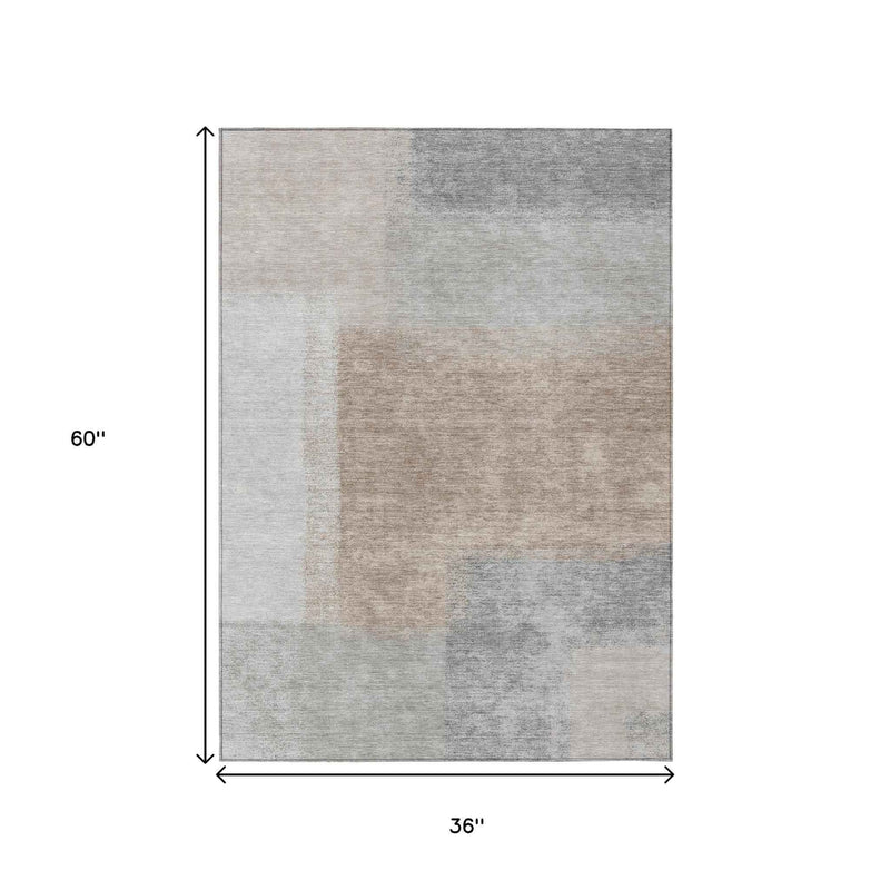 3' X 5' Taupe Ivory And Gray Abstract Washable Indoor Outdoor Area Rug