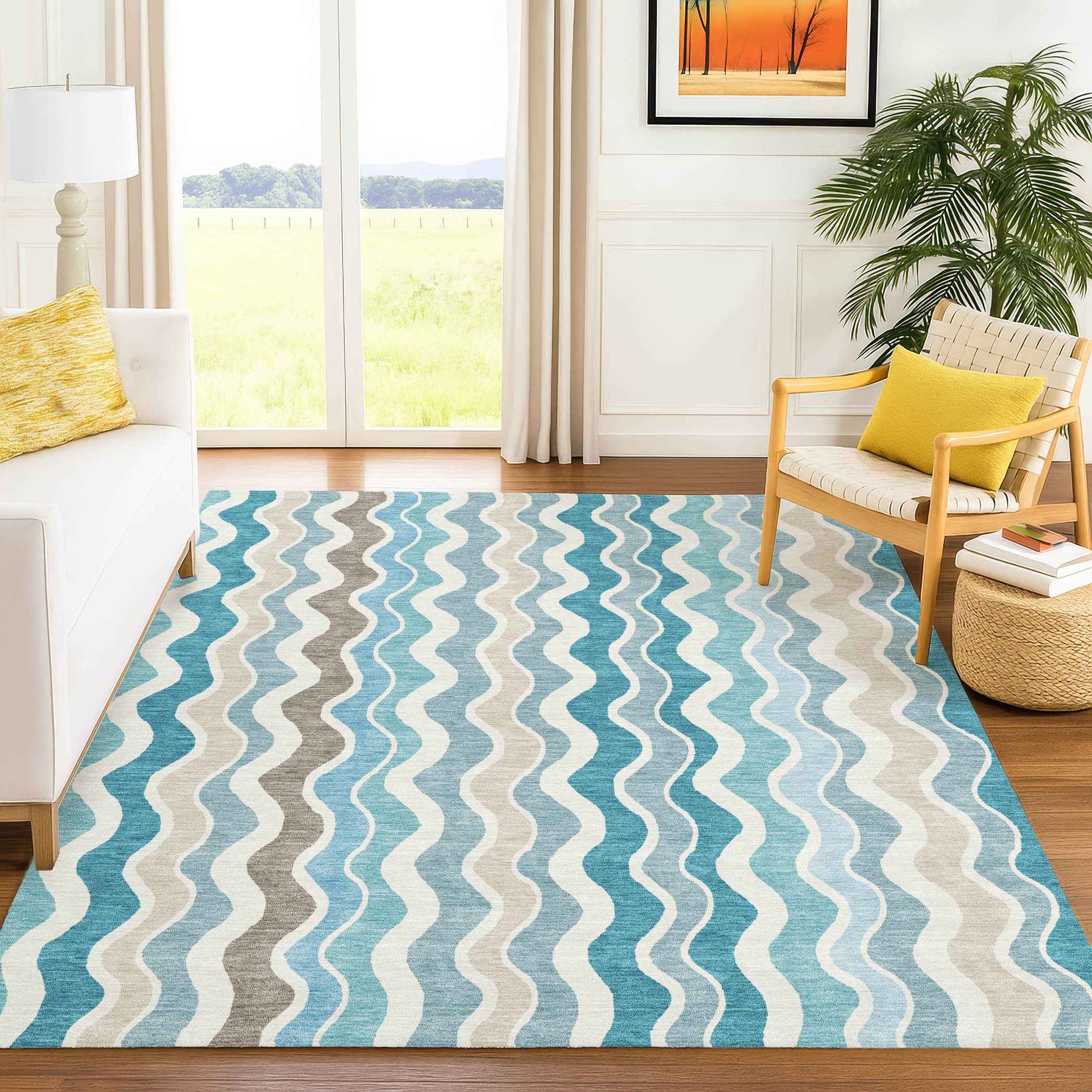 10' X 14' Teal Blue Ivory And Beige Striped Washable Indoor Outdoor Area Rug